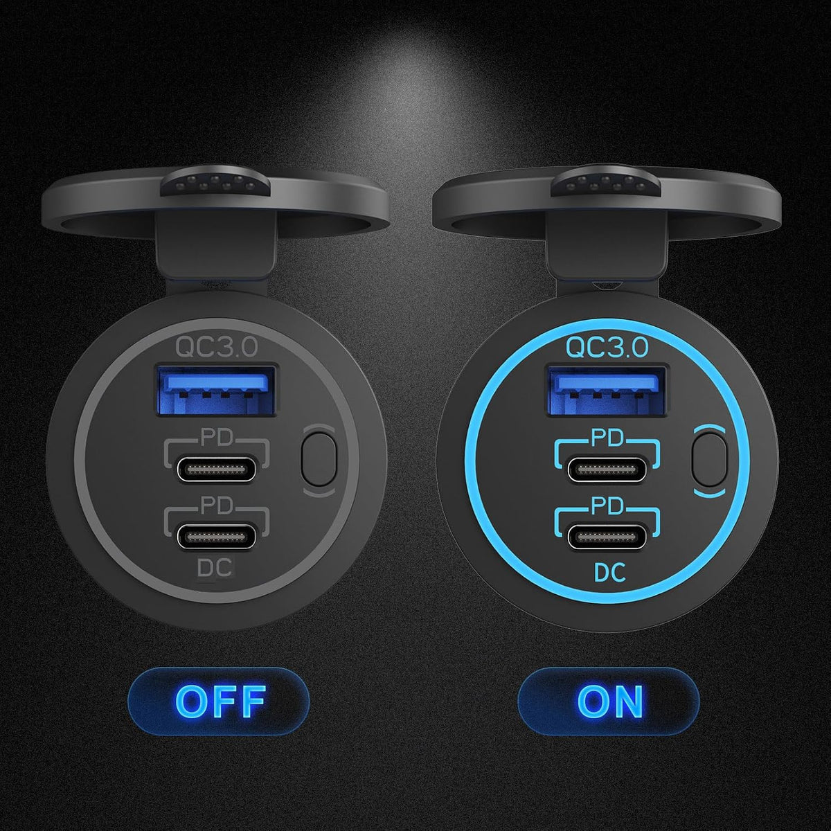 12V USB Outlet Wire USB Charger Multi Port, Dual PD3.0 USB-C and Quick Charge3.0 Car Port Socket with Power Switch, Fast Charge for Phone lPad Android Phones, Suitable for Car Boat RV Marine ATV