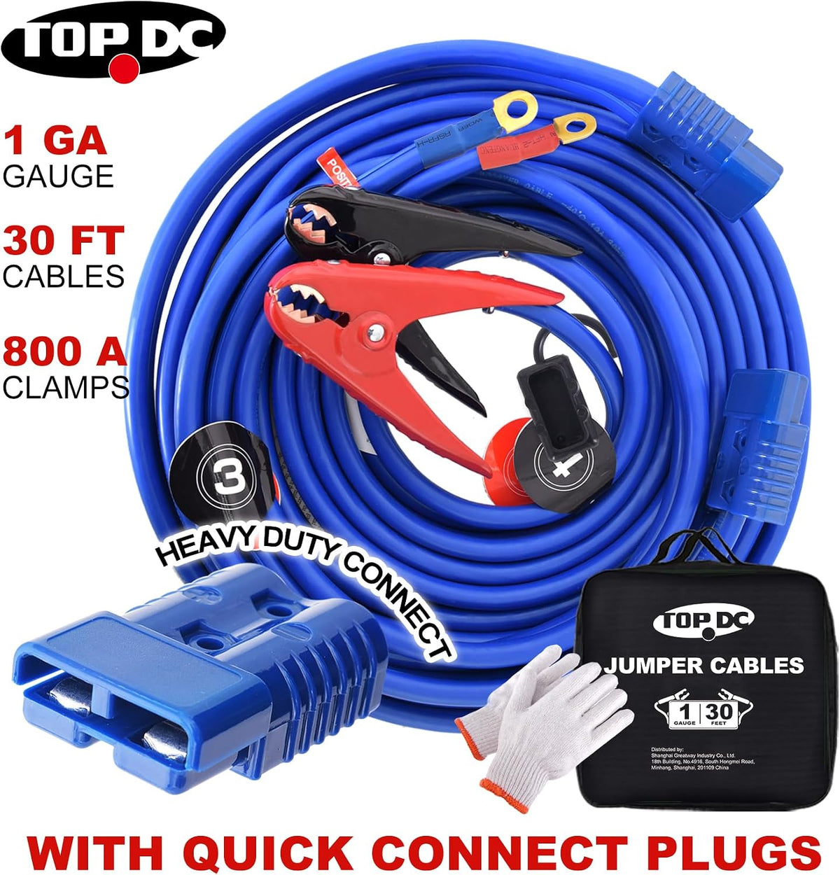 TOPDC Quick Connect Heavy Duty Jumper Cables, 1 Gauge, 30 Feet, 800A