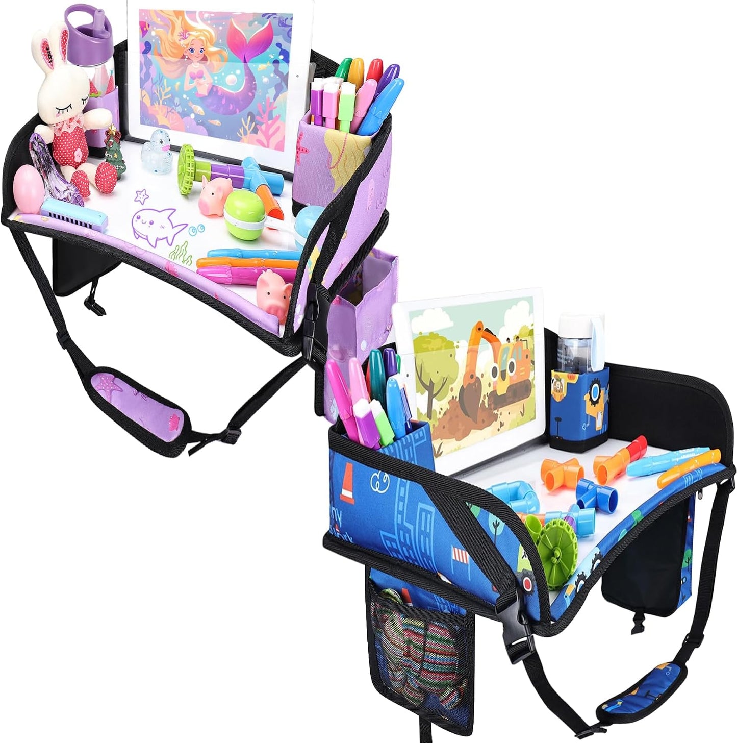 2PCS Kids Travel Tray for Airplane - Toddler Car Seat Table Tray, Road Trip Essentials for Boys & Girls, Carseat Lap Desk for Kids Road Trip Activities (Dark Blue Car/Purple Mermaid)