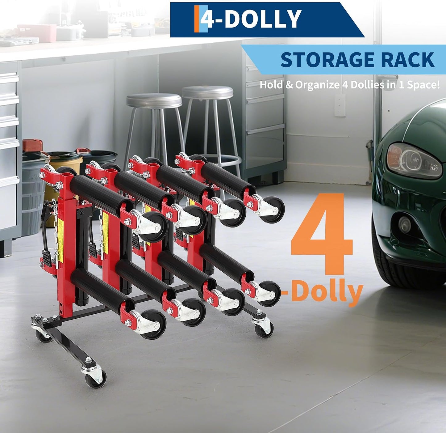Heavy-Duty Car Dolly Storage Rack with 360° Swivel Casters, 4-Wheel Dolly Holder for Universal Fit, Jack Stand Organizer for Garage and Auto Shop, Durable Workshop Solution
