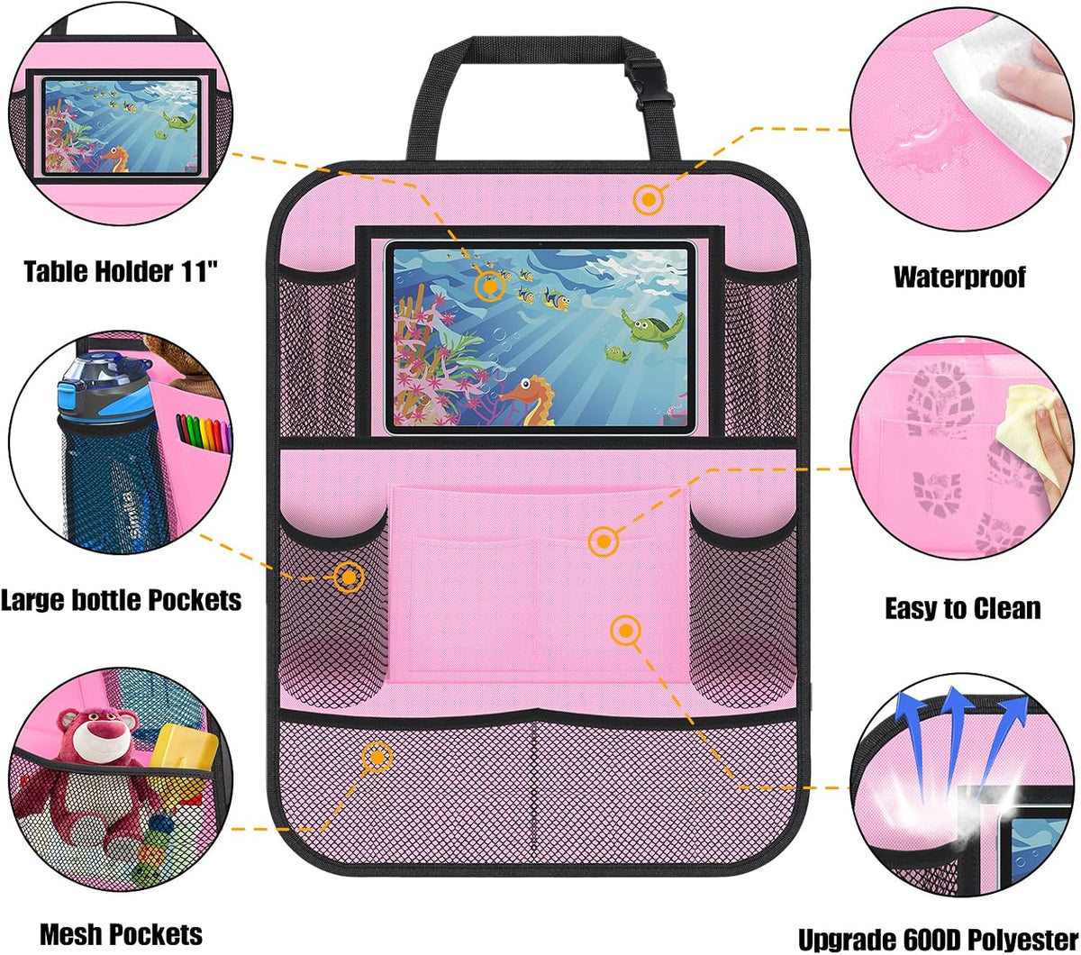 Backseat Car Organizer w/ 10 Storage Pockets, 11" Tablet Holder, 2 PCS Pink