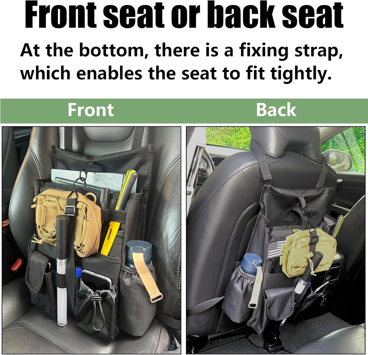 Front & Seat back organizer with 15.6 IN laptop storage stabilizers