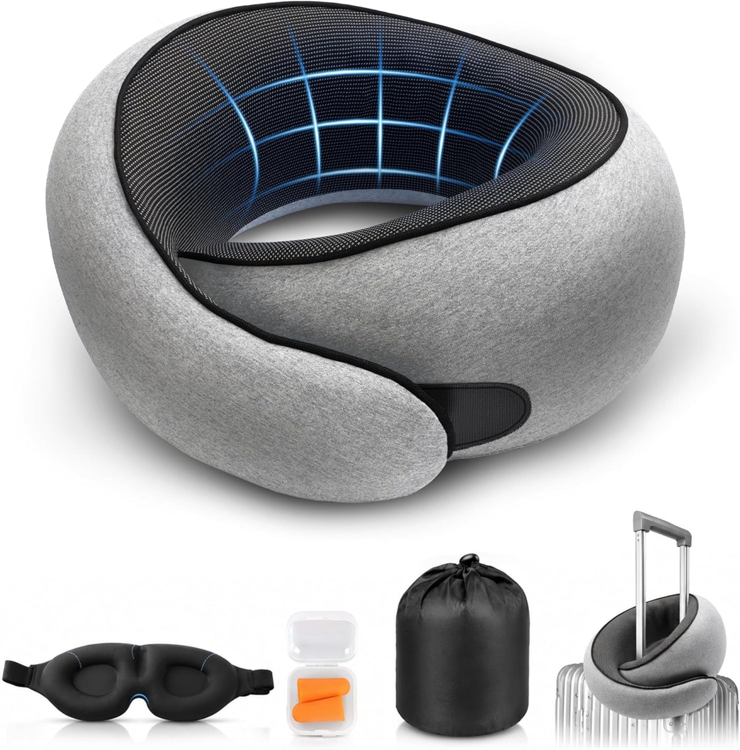 Purroch G-Shape Memory Foam Travel Neck Pillow - 100% Pure Foam Ergonomic Support with Eye Mask & Ear Plugs for Airplane Flights, Car Trips & Office Naps, Medium Gray