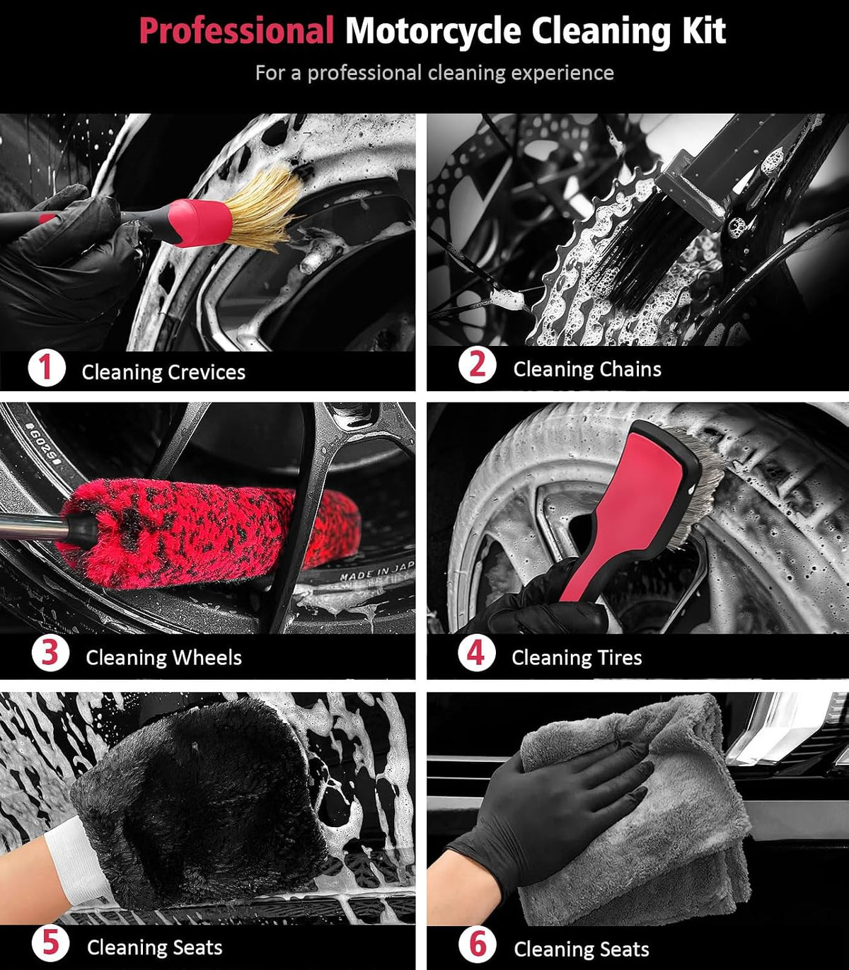 YeewayVeh 6PCS Motorcycle Cleaning Kit, Bendable Wheel Tire Brush,Black/Red