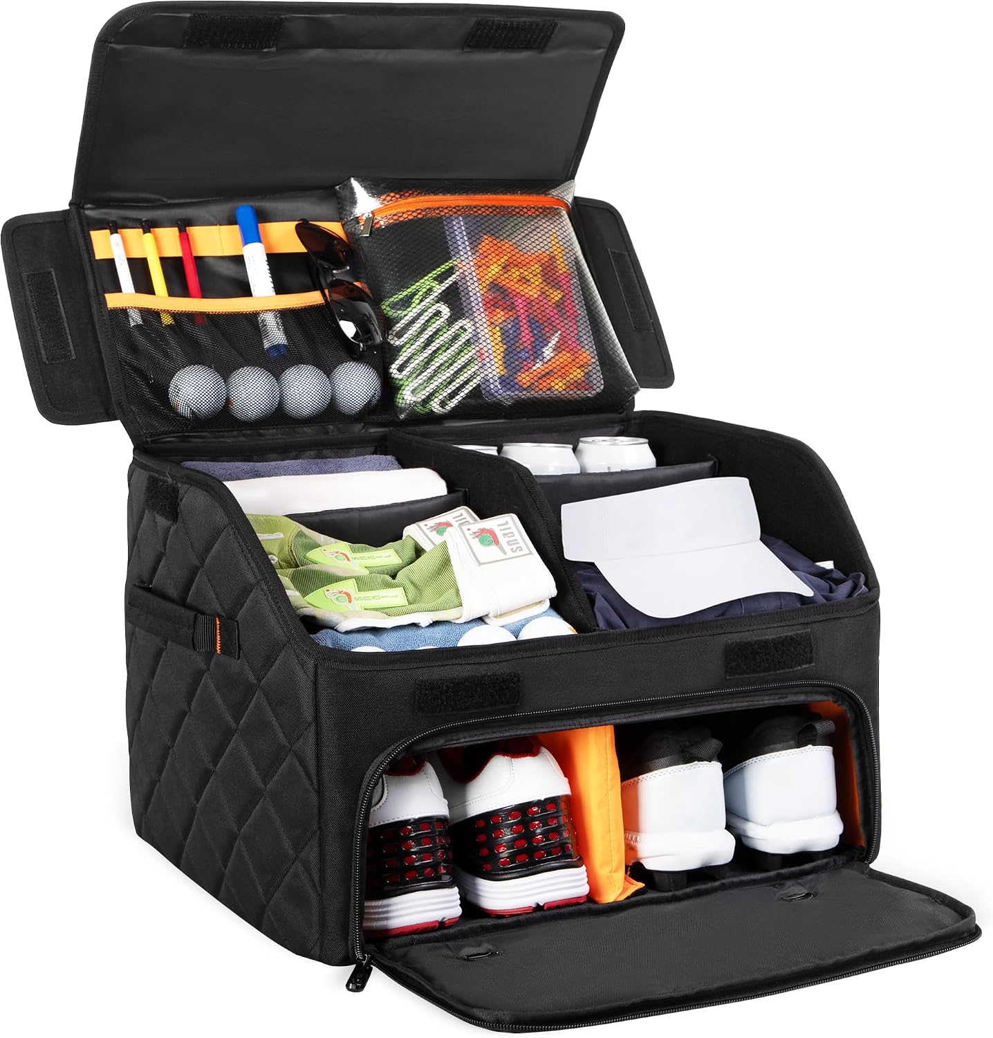 PGmoon Upgraded Golf Trunk Organizer, Golf Car Organizer with Separate Ventilated Compartment for 2 Pair Shoes, Golf Storage with Multi-Compartment for Golf Accessories, Gifts for Golfers