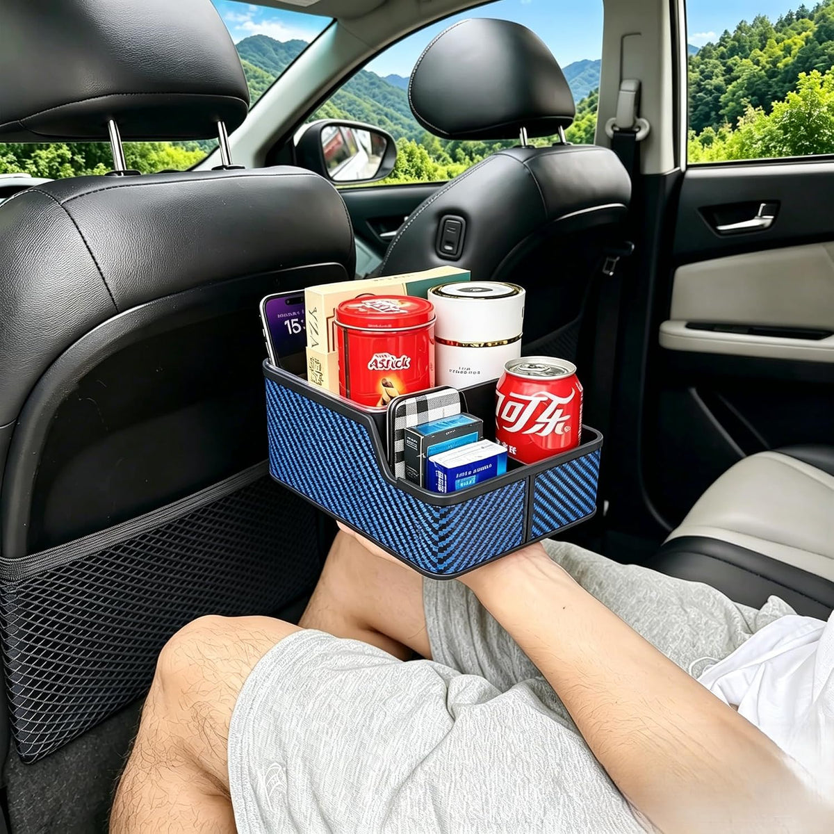 Car Front Seat Organizer with Compartment,Center Console Armrest Storage Box,Car Seat Cup Holder Tray,Back Seat Small Caddy,Car Organizer and Storage with Non-Slip Pat,fit for Truck,SUV,Van (Blue)