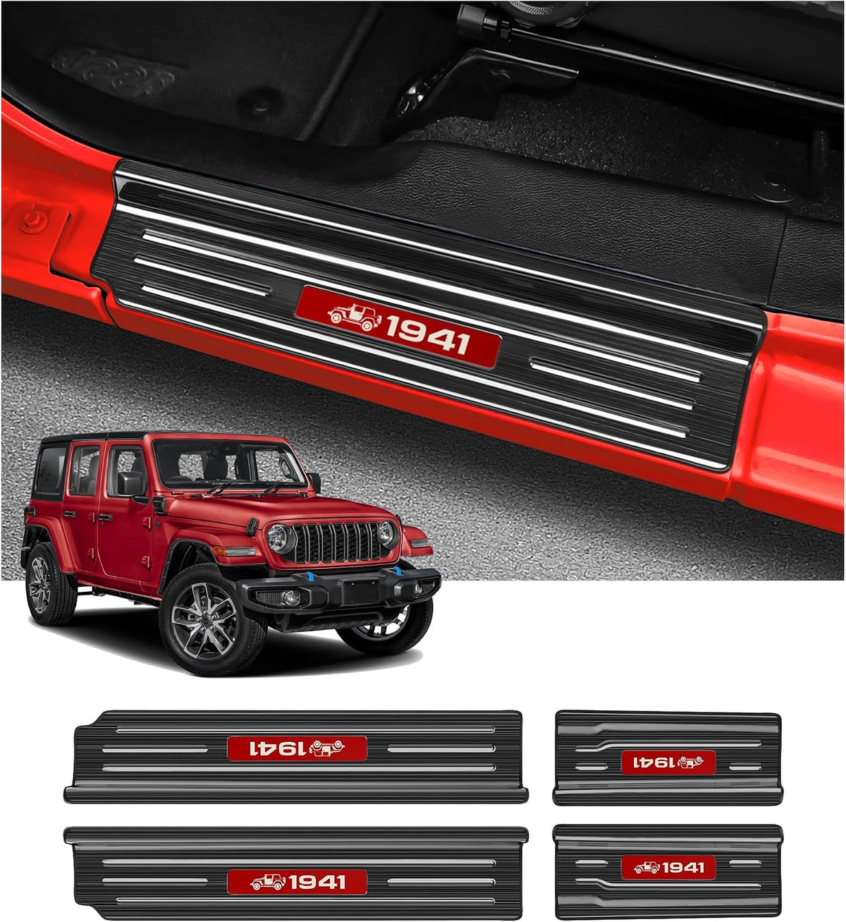 2PCS Door Sill Guards for Jeep 2018-2026 Wrangler JL JLU & 2020-2026 Gladiator JT Accessories Stainless Steel Material Red Trim Door Sill Protector 2-Door Black Brushed Door Entry Guard