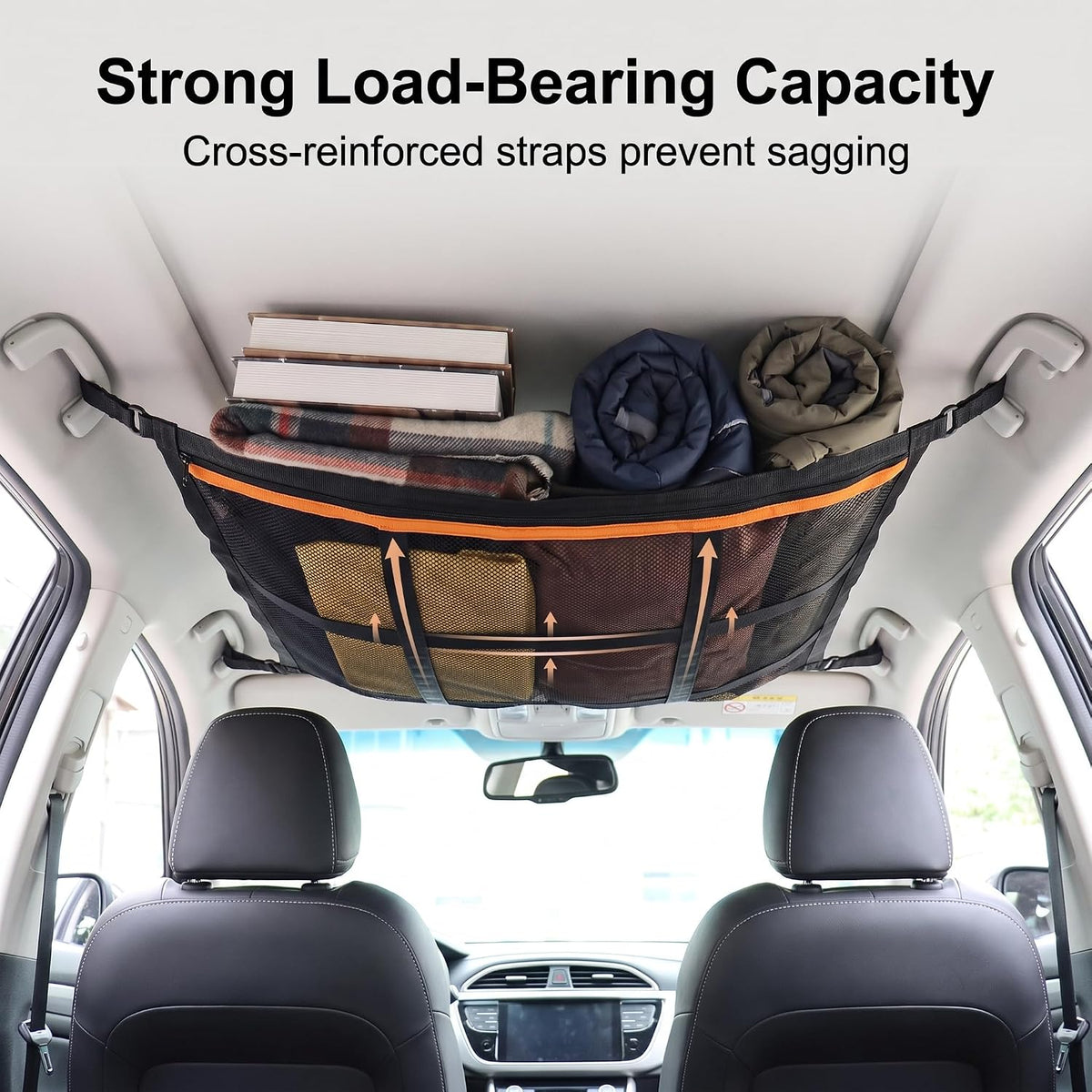 Double-Layer Car Ceiling Cargo Net, 31.5"x21" Heavy Load Car Roof Storage Organizer, Heavy Duty Roof Mesh, Fit for SUV Van Camping Road Trips, Van Life Essentials (Black)