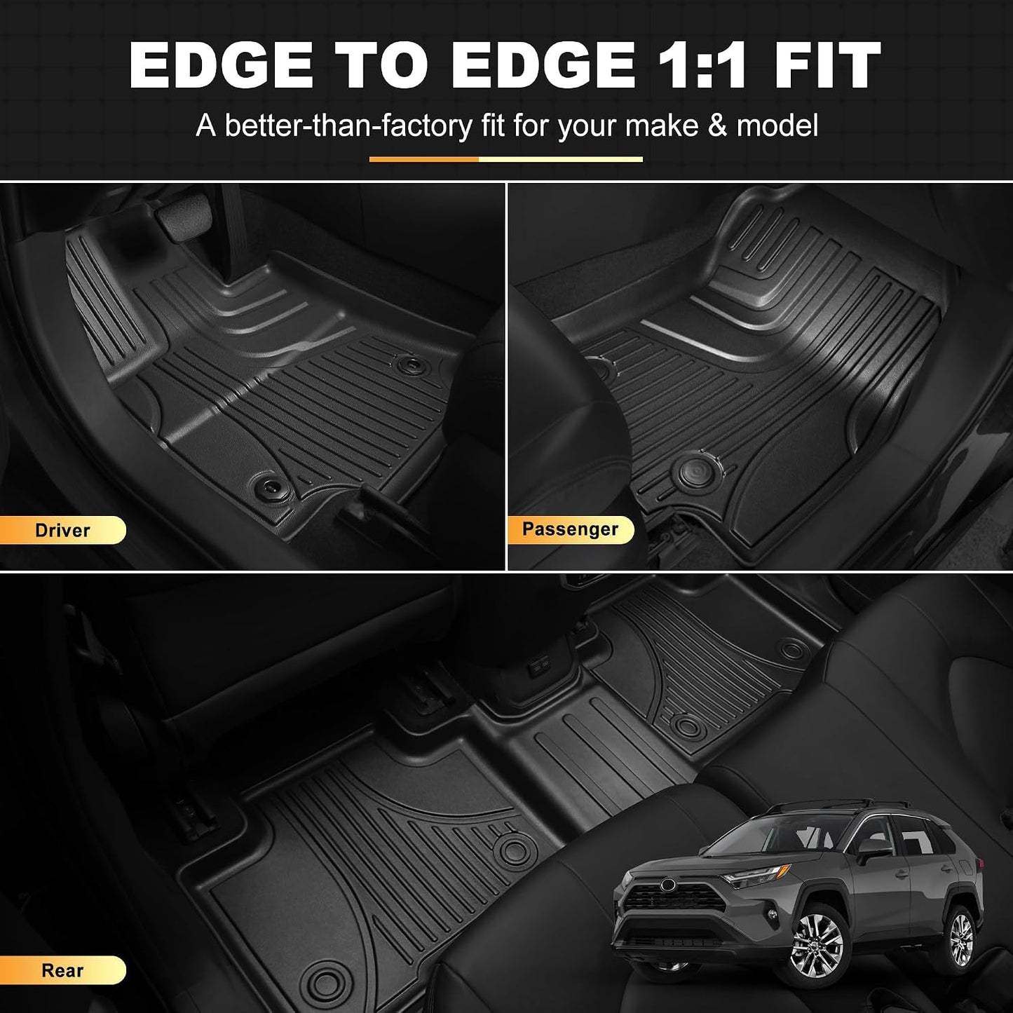 Floor Mats for Toyota RAV4 2019-2025 (Not for Hybrid or 2026) 1st & 2nd Row | Custom Fit. All-weather Protection. Easy to Clean. Waterproof. Odorless. Heavy Duty. Black.