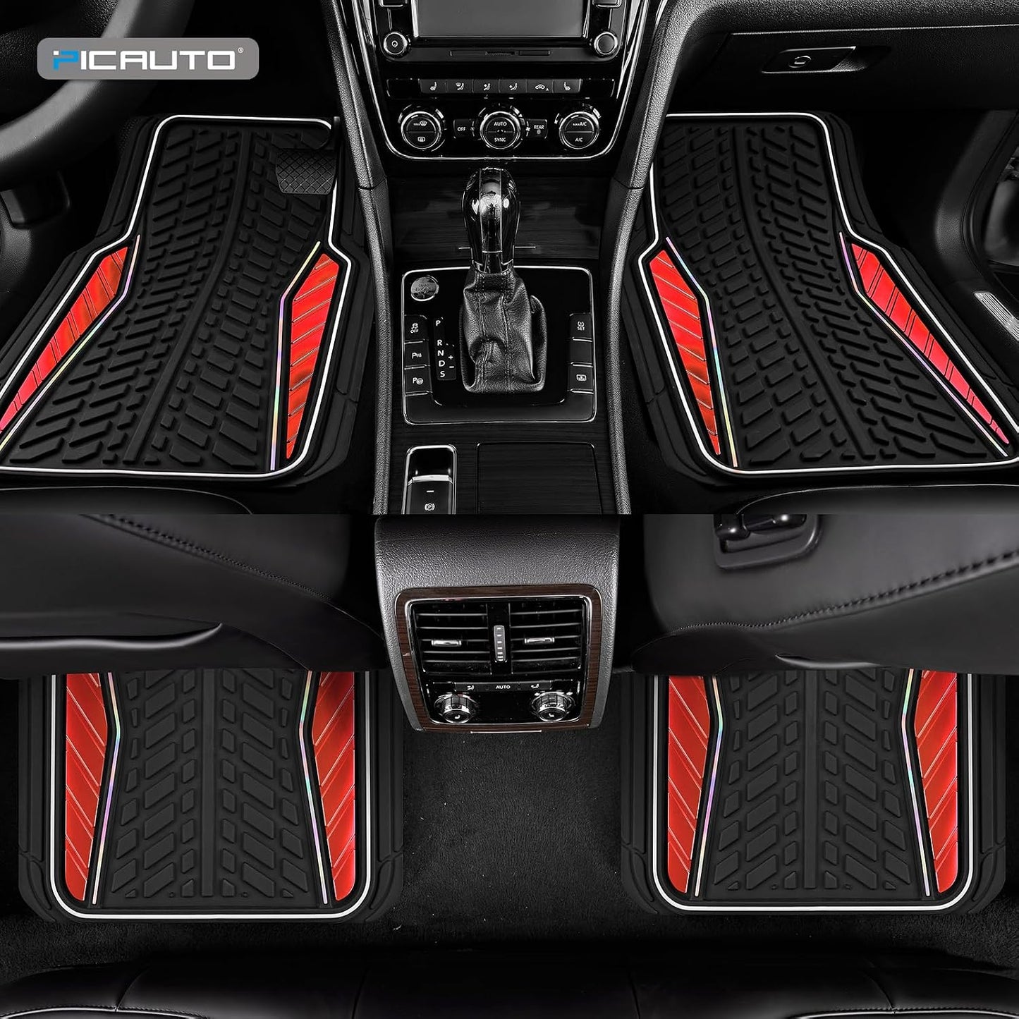 PIC AUTO Car Floor Mats, Red Aluminum-Molded with Full-Circle Iridescent Inlay Strip Car Mats, Universal-Fit Rubber Mats for Cars, Trucks & SUVs, All-Weather, Non-Slip, Easy-to-Clean Interior Mats