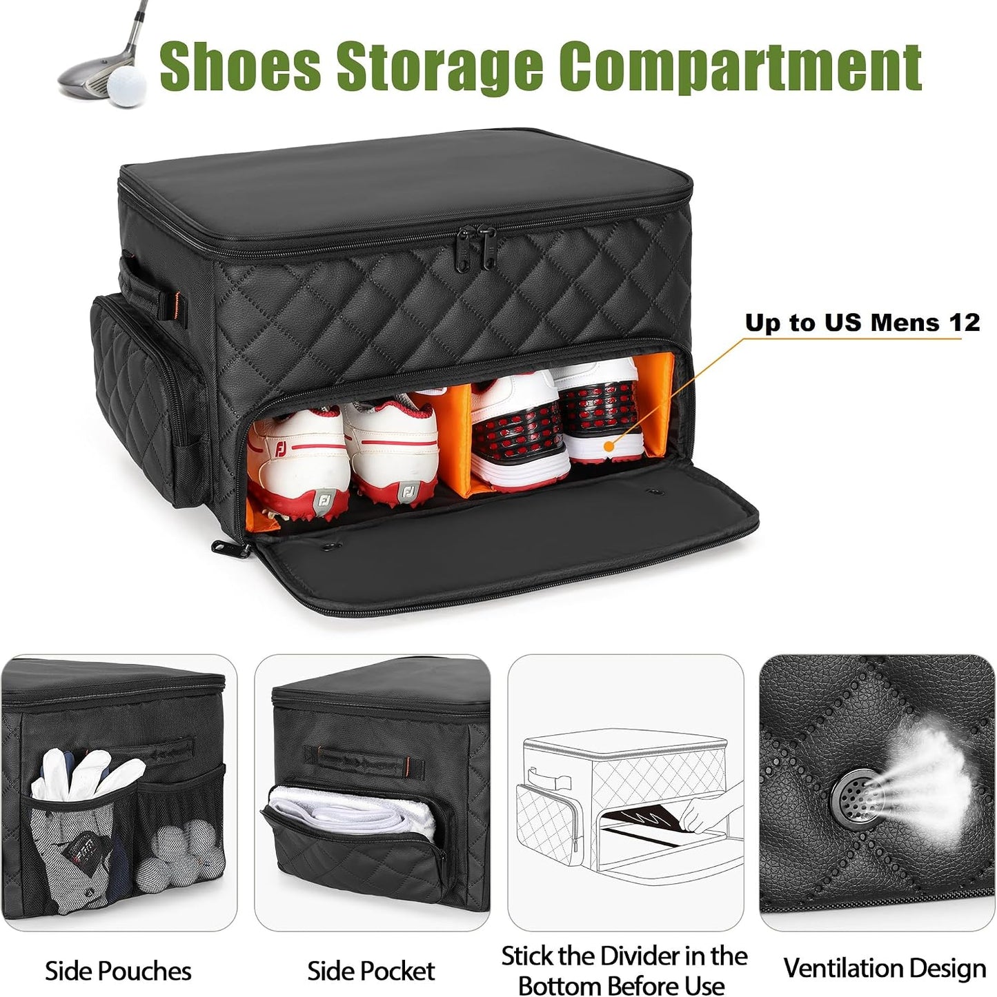 PGmoon 2 Layer Golf Trunk Organizer, Golf Car Storage Organizer with Individual Ventilated Compartment for 2 Pairs Shoes, Golf Car Locker for Balls, Clothes, Tees, Gloves, Accessories (Black)