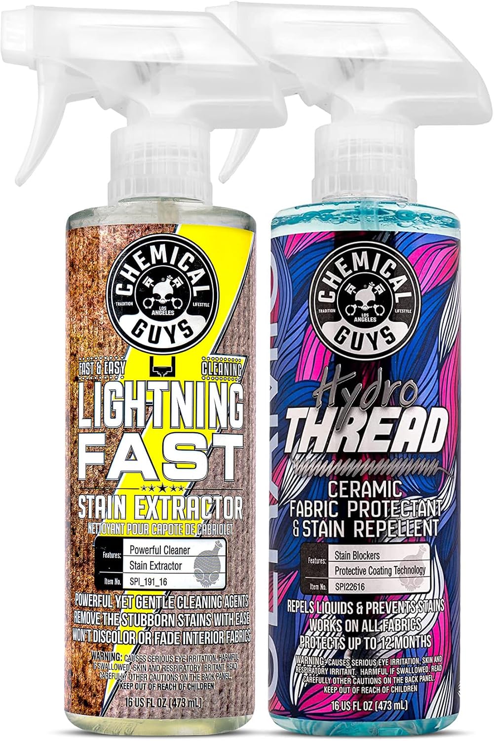 Chemical Guys Carpet &amp; Upholstery Stain &amp; Spot Remover and Ceramic Protectant Bundle with (1) 16 oz Lightning Fast Stain Extractor and (1) 16 oz HydroThread Ceramic Protectant