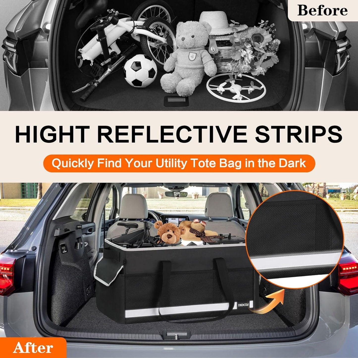 Upgrade Extra Large Utility Tote Bag with Reflective Strip, Standing Reusable Grocery Bags with Hard Bottom & 4 Sided Reinforced, Collapsible Utility Tote with Handles for Shopping, Beach, Car | Upgrade