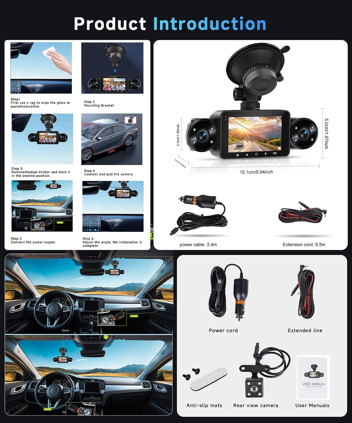 360° Dash Cam Front and Rear Inside Left Right, 4 Channel FHD 1080P Dash Cam for Cars, 3" Dashcams with 64G TF Card 8 IR Night Vision, Loop Recording, G-Sensor, 24H Parking Mode Monitor