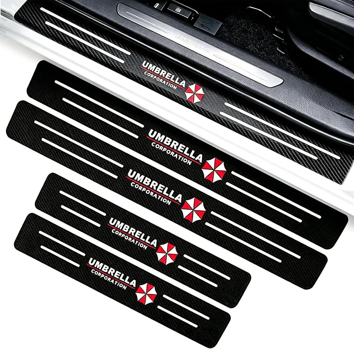 Car Door Sill Guards Front & Rear Car Door Threshold Protector Carbon Fiber & Textured Leather Door Sill Protectors (Protective Umbrella, 4 Pcs)
