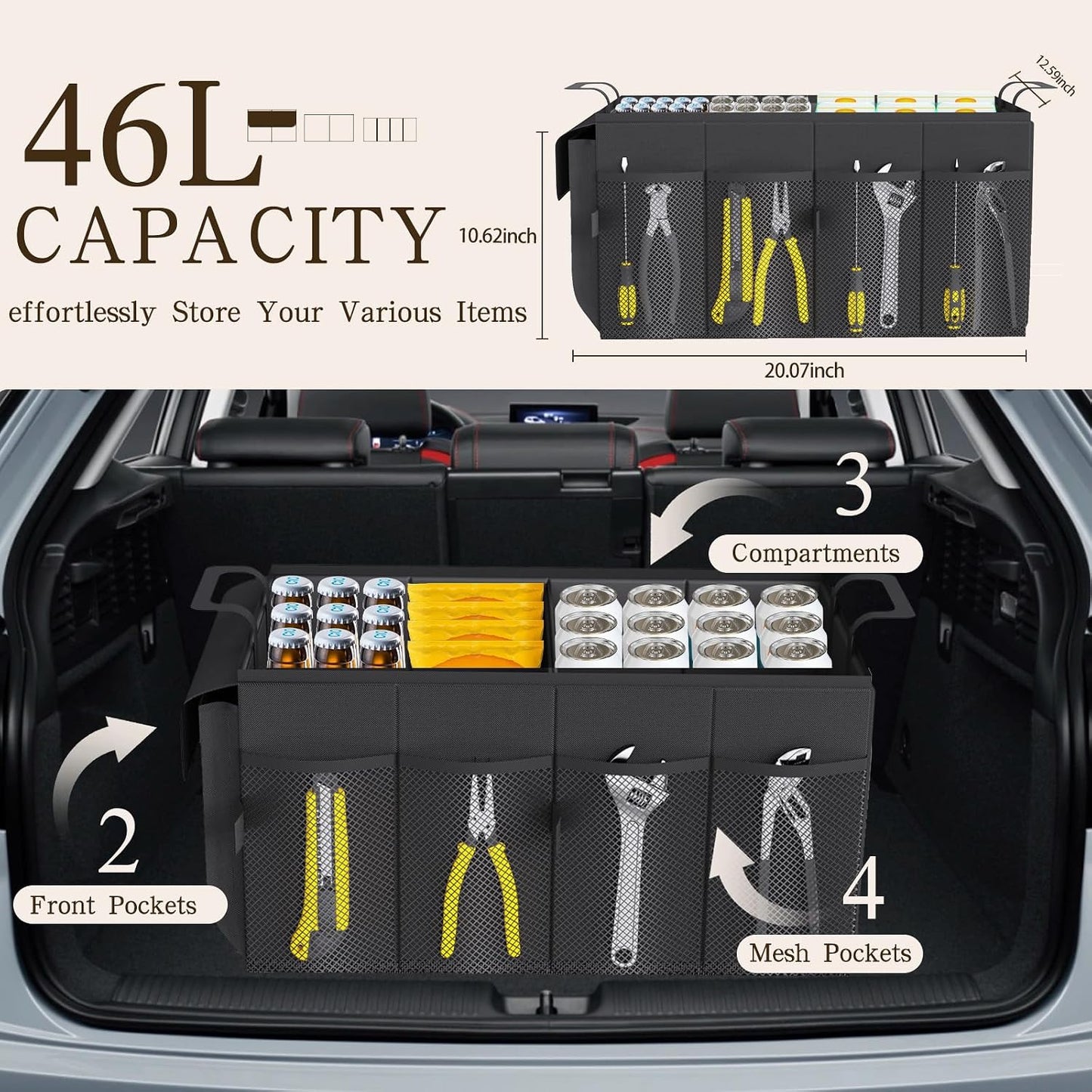 Beicarin Car Trunk Organizer Storage Box - Collapsible Car Boot Organizer Tidy Cargo Storage Box Accessories for SUV, MPV, Van, Size M, Black