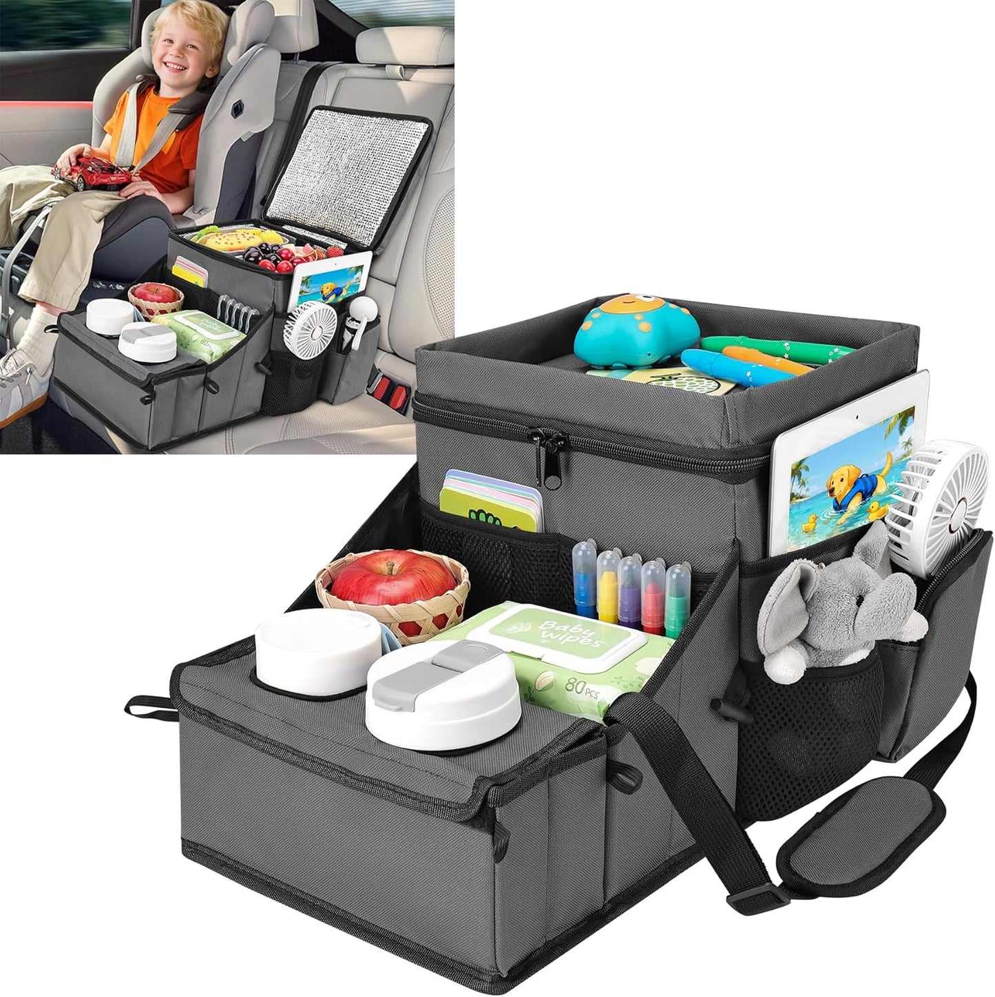 COOLBEBE Car Seat Organizer, Backseat Car Organizer with Cup Holders for Kids and Adults Travel, Cooler Compartment Passenger Seat Organizer Storage Box for Front or Middle Seat, Grey