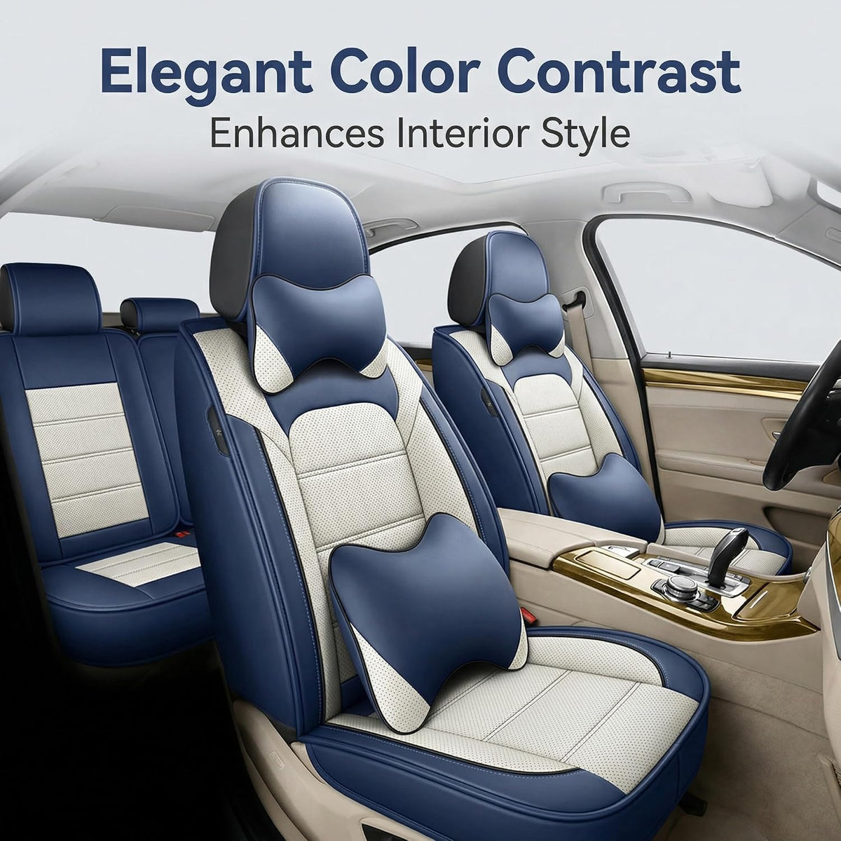 YQ FU Leather Seat Covers Blue White Full Set w/ 2 Pillows Universal 2 Row