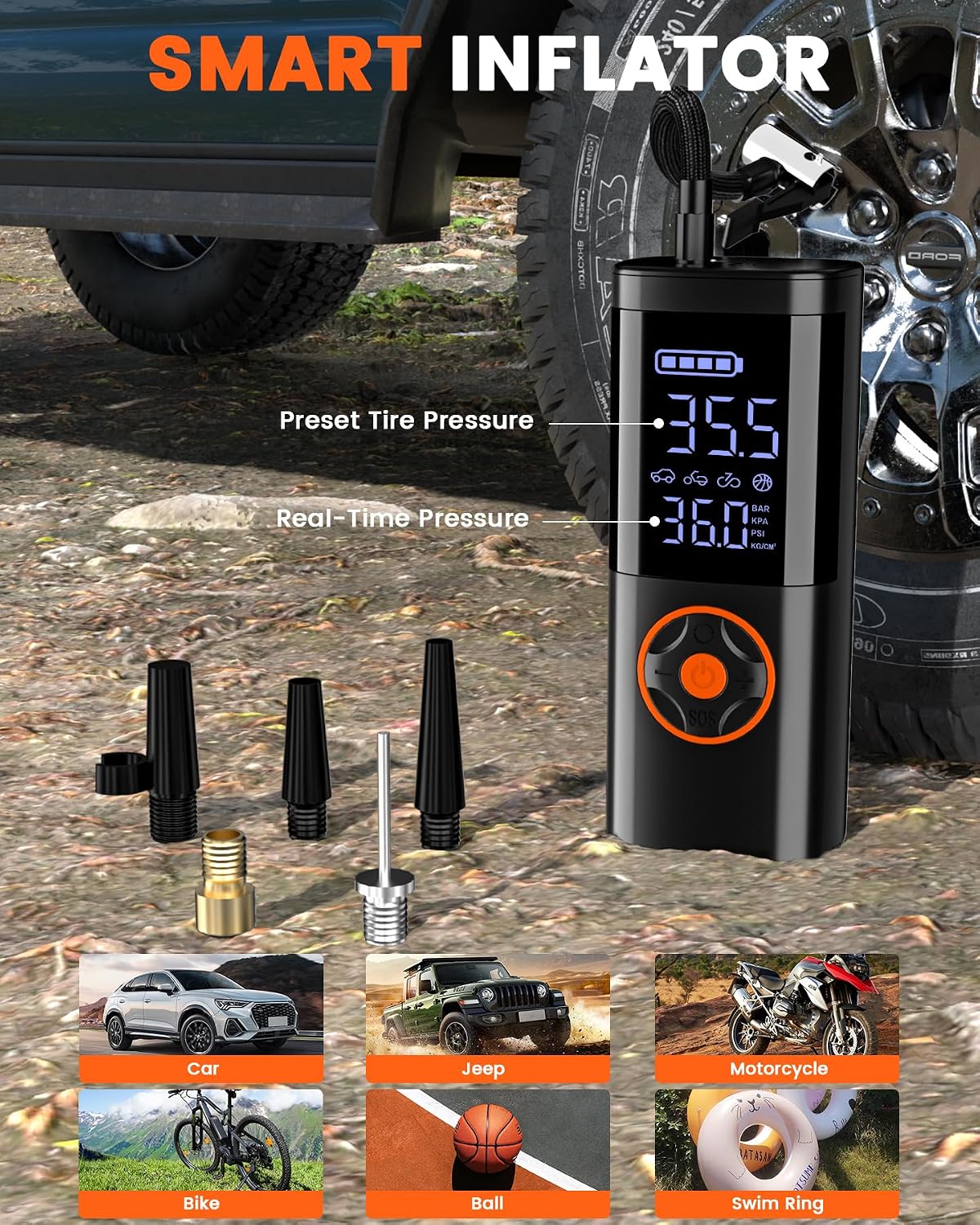 Jump Starter with Air Compressor, Jump Battery, Battery Jumper Starter Portable Jump Starter with LCD Display, Smart Jumper Cables, LED Light (Black)
