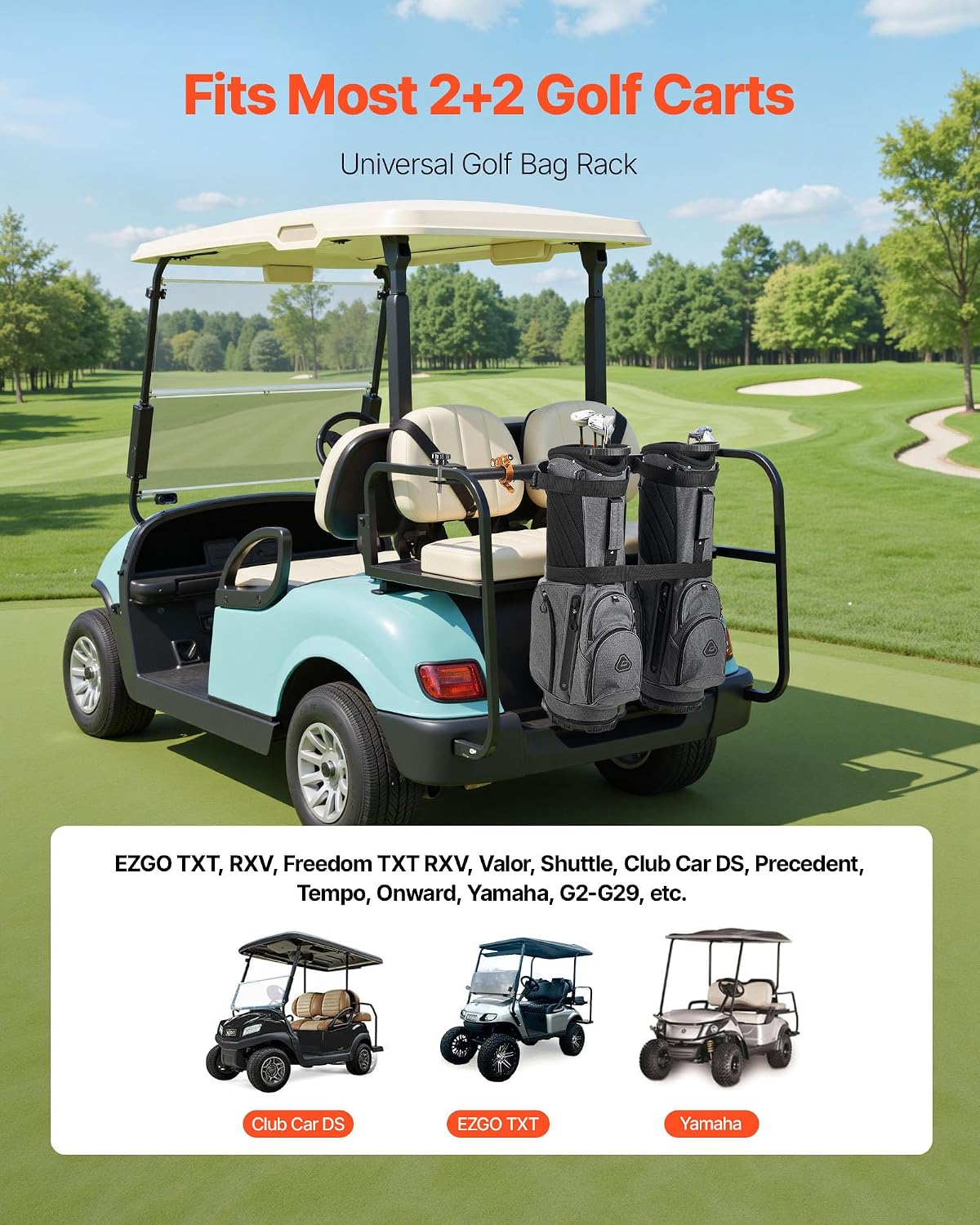 VEVOR Golf Cart Bag Holder, Compatible with Yamaha, EZGO, Club Car, Most Golf Cart Rear Seat with 1.2 Inch Square Tubes, Adjustable Rear Seat Carts Club Holder with Strap, No Drilling Required