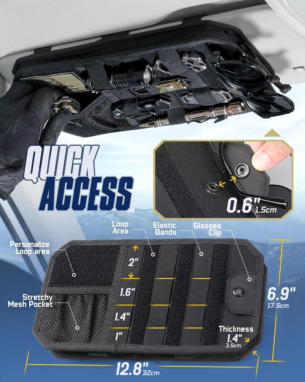 WYNEX Molle Car Sun Visor Organizer, Car Accessories with Zip Storage Pouch & Glasses Holder, Semi-Rigid Molle Panel with Patch for Tactical Gears, Fits Most Cars, Trucks, Pickups, Patrols