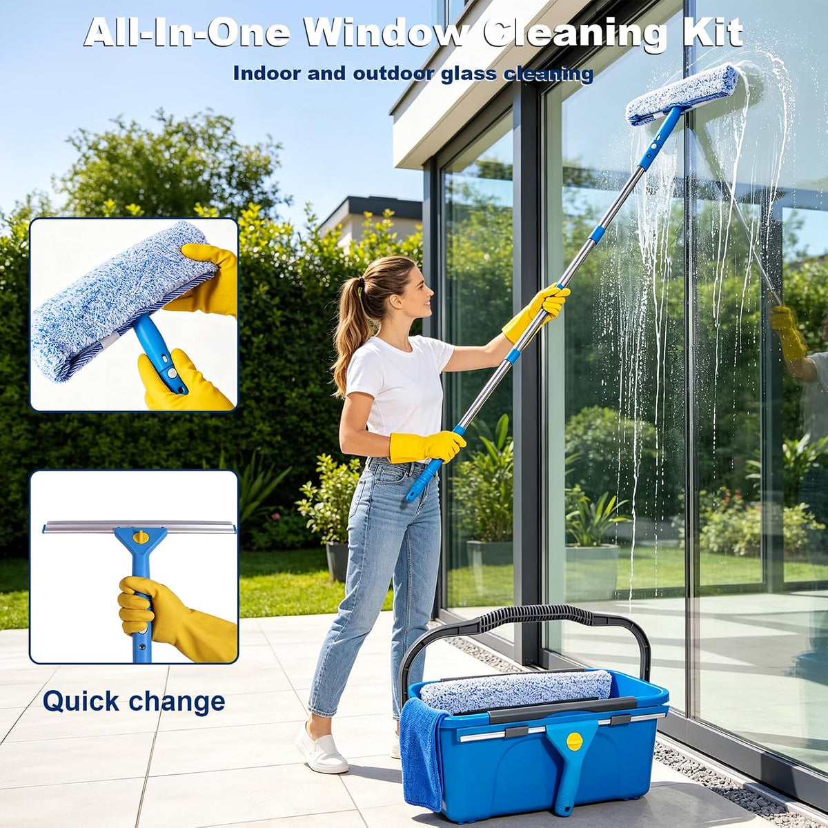 Window Cleaning Kit with Bucket 3 Gallon for Home, Car &RV, Blue