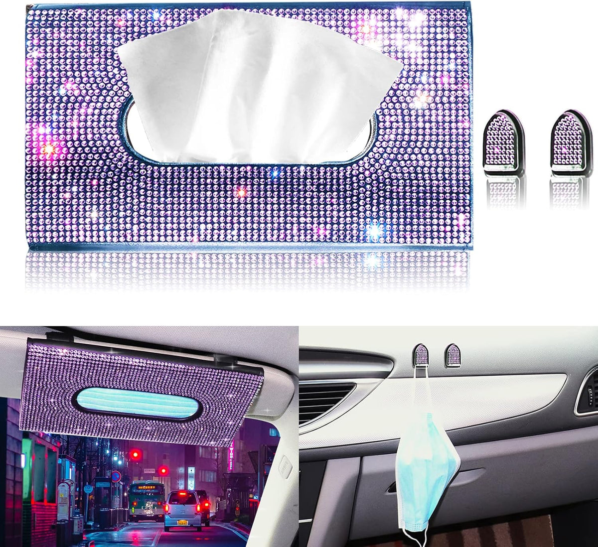 Car Visor Tissue Holder, Sparkling PU Leather Mask Box, Bling Crystals Cover Case & Glitter Mask Hook Clip for Women (Purple)