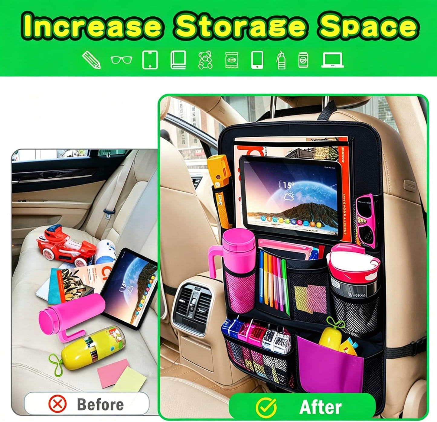 Car Organizer Kick Mats Back Seat Protector, Car Back Seat Organizer with Tablet Holder Pocket for Kids, Travel Accessories with 10 Storage Pockets, 2 Pack