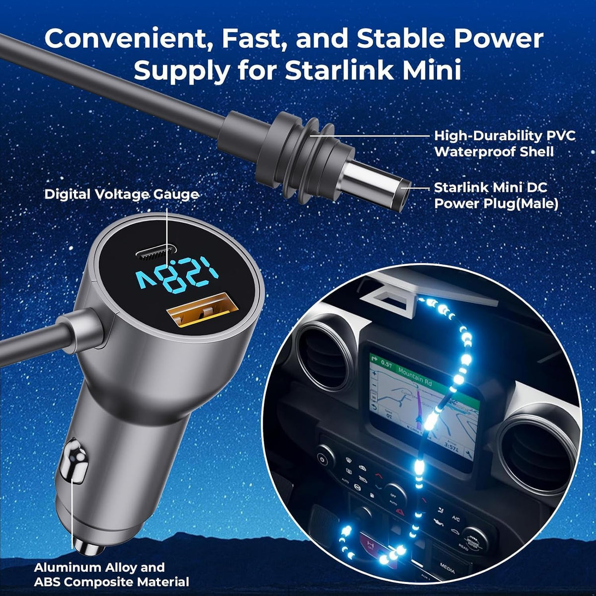 Starlink Mini Car Charger,Starlink Mini Car Adapter, 3-in-1 DC Power Cable with 12V-48V Cigarette Lighter Adapter,PD 30W + USB-A 30W + DC 72W Car Power Supply for Trucks, RVs, Boats(16.5Ft)