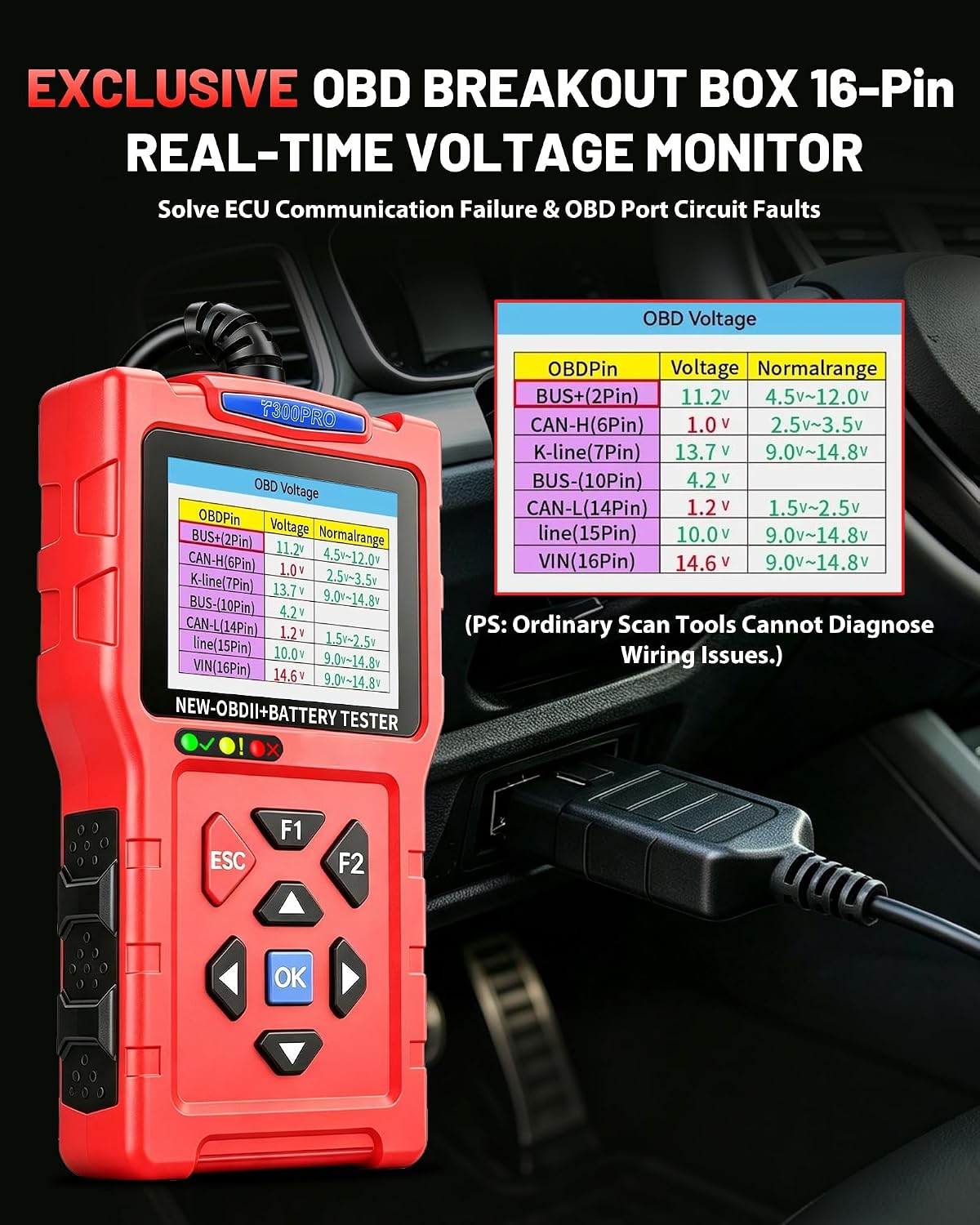 OBD2 Scanner and Battery Tester, 3-in-1 Car Code Reader with Cranking Test