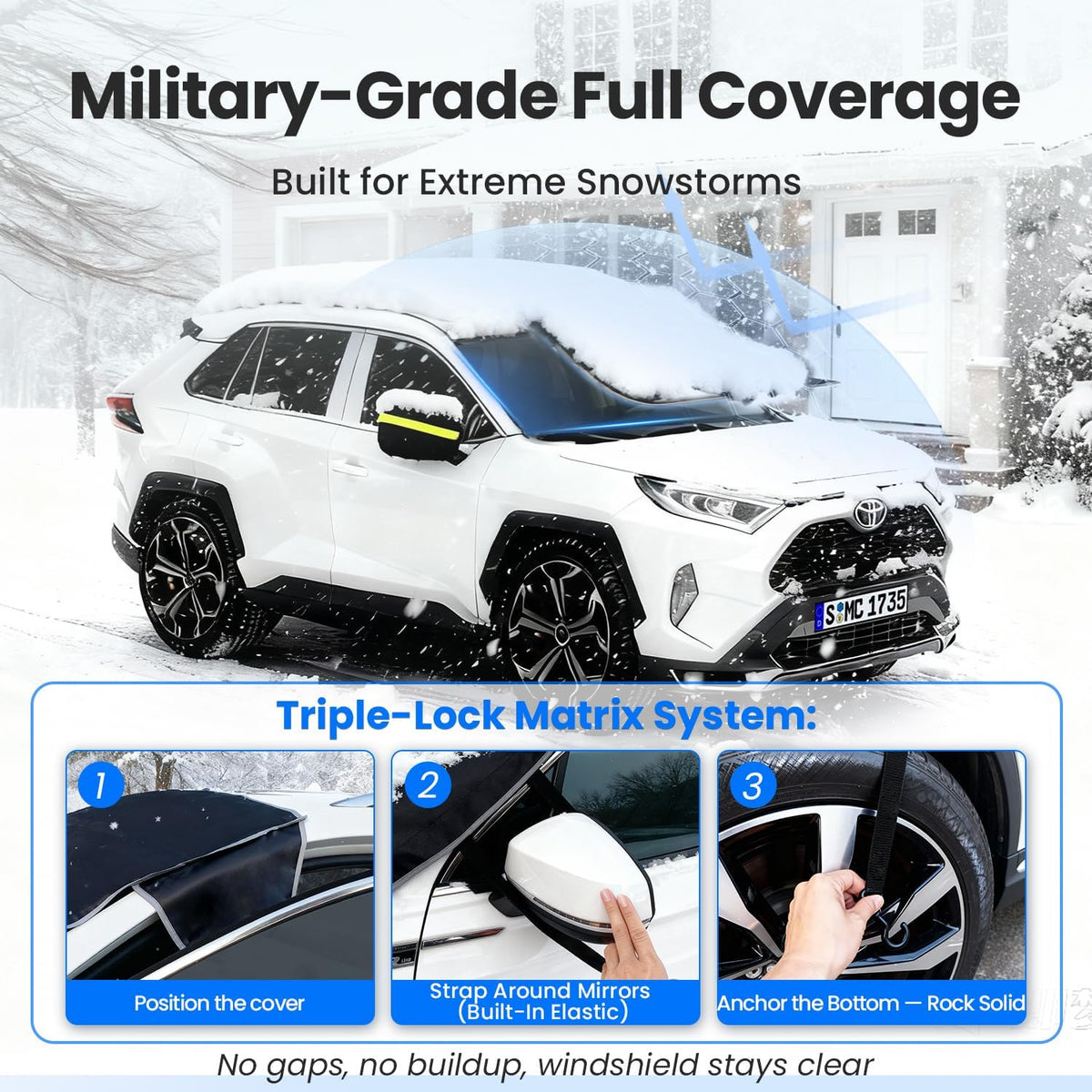 Purehorizon Snow Cover for car Windshield,[Heavy Winter Protection] Anti Snow, Ice, Frost and Water, [Military-Grade Protection] Universal Fit for All Cars, SUVs,-M