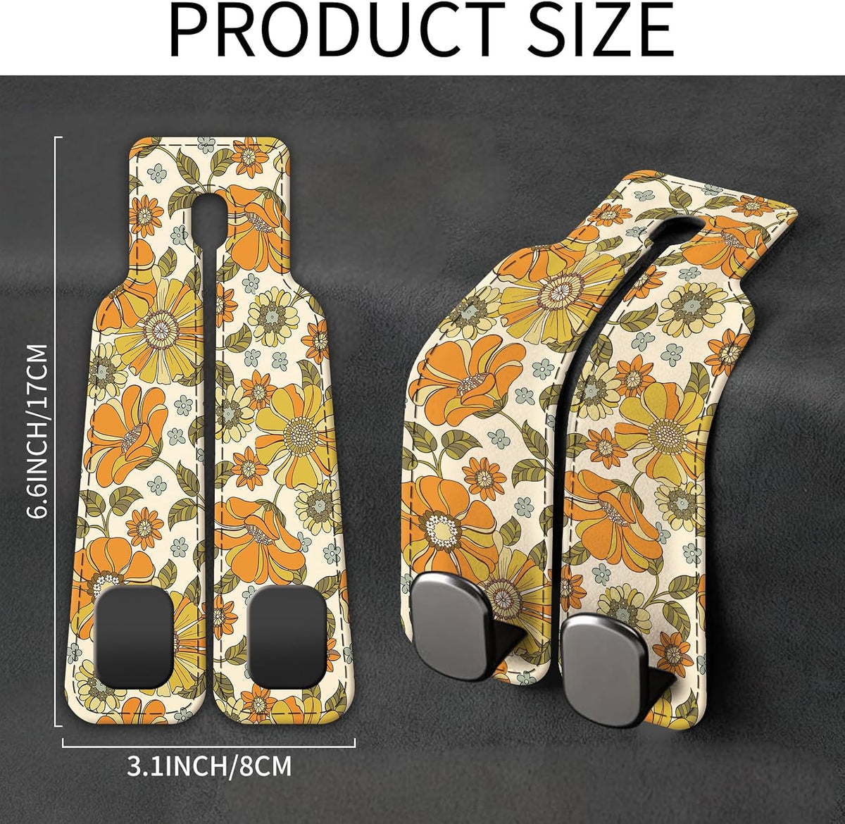 Car Seat Back Storage Headrest Hook, Premium Leather Double Metal Hook, Hanger Storage Organizer for Purse Cloth Bag, Car Interior Accessories Boho Orange Flowers