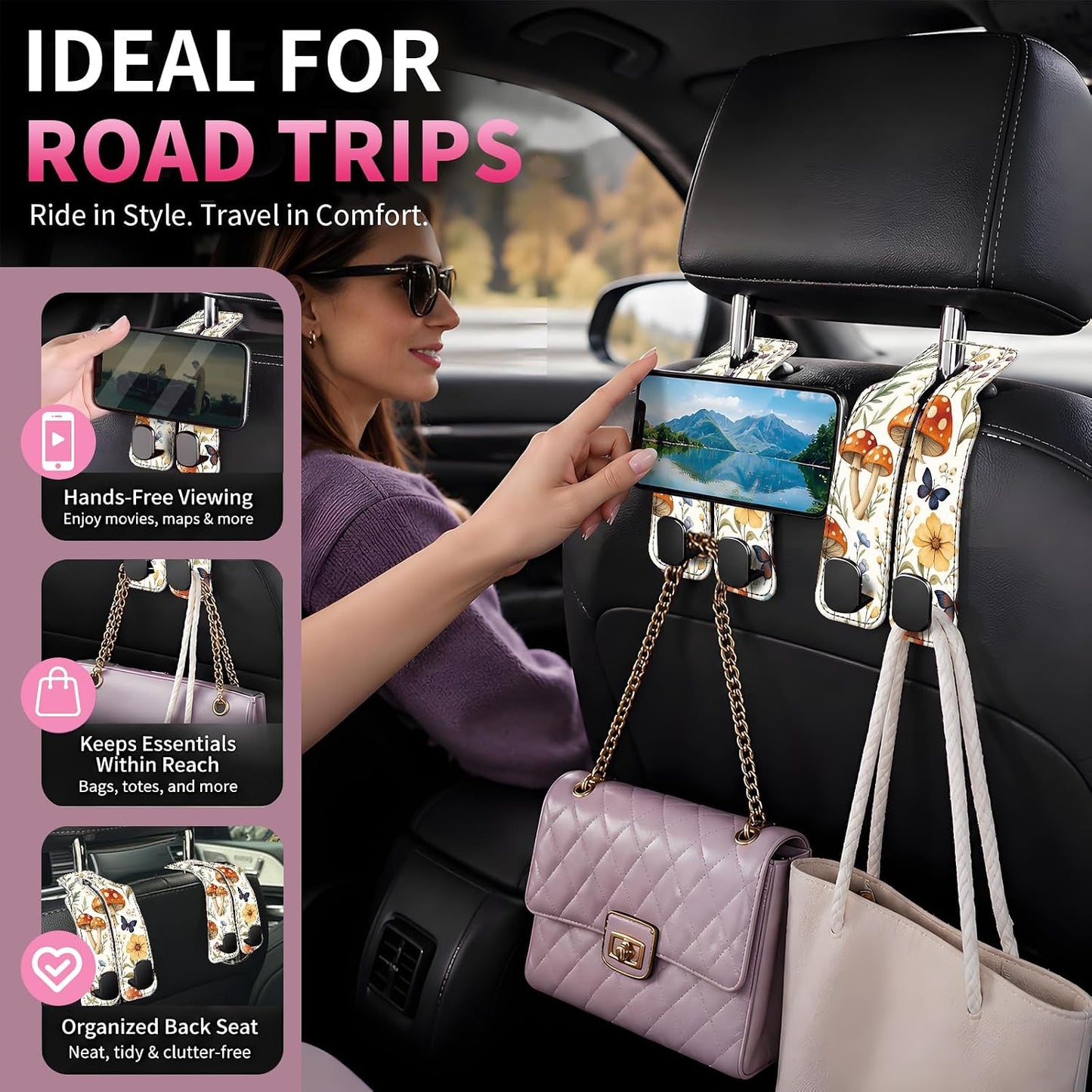 Car Seat Back Storage Hook, Funny Car Purse Hook, Cute Vehicle Storage Organizer for Purses Handbags Cute Mushroom Floral
