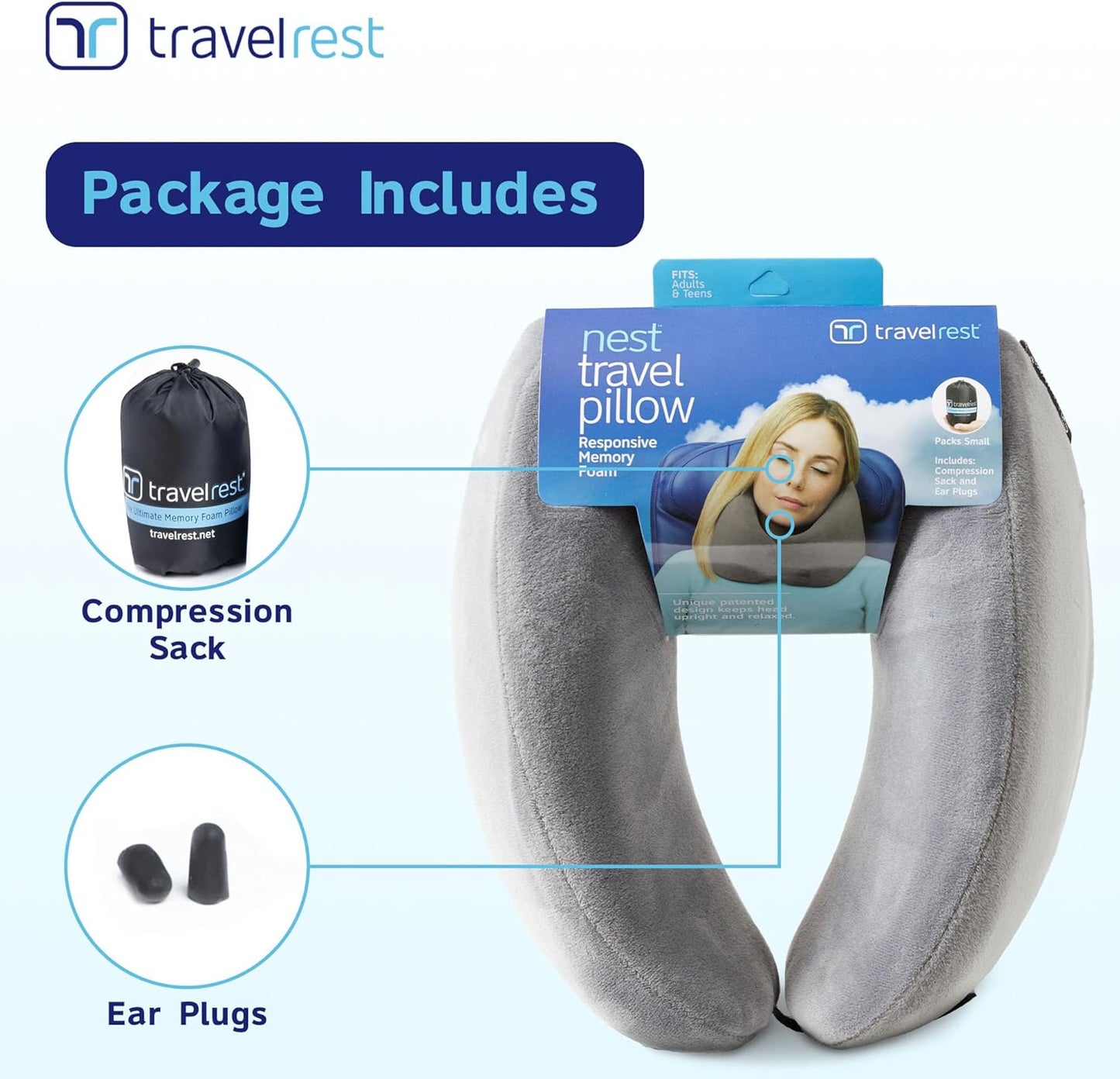 travelrest Sleep Neck Pillow Travel - Travel Essentials, Memory Foam, Neck Support Pillow for Long Flight, Plane Sleeping Accessories, Anti-Slip and Comfortable, Washable, Attaches to Luggage - Gray
