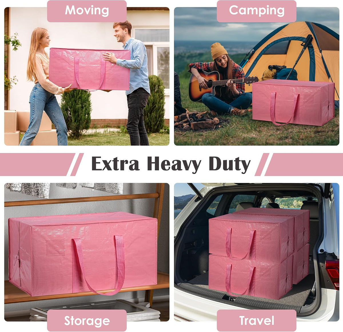 6 Pack Moving Bags with Full-Open Side Zipper, Extra Large 93L Heavy Duty Waterproof Foldable Storage Totes for College Dorm, Moving & Home Organization Pink