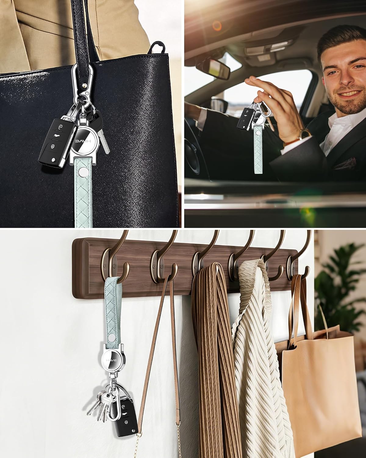 HiWe Anti-Lost Keychain, Works with Apple Find My, Carabiner Car Key Holder with Texture Leather Strap, Bluetooth Key Finder Tracker, USB-C Rechargeable, Green