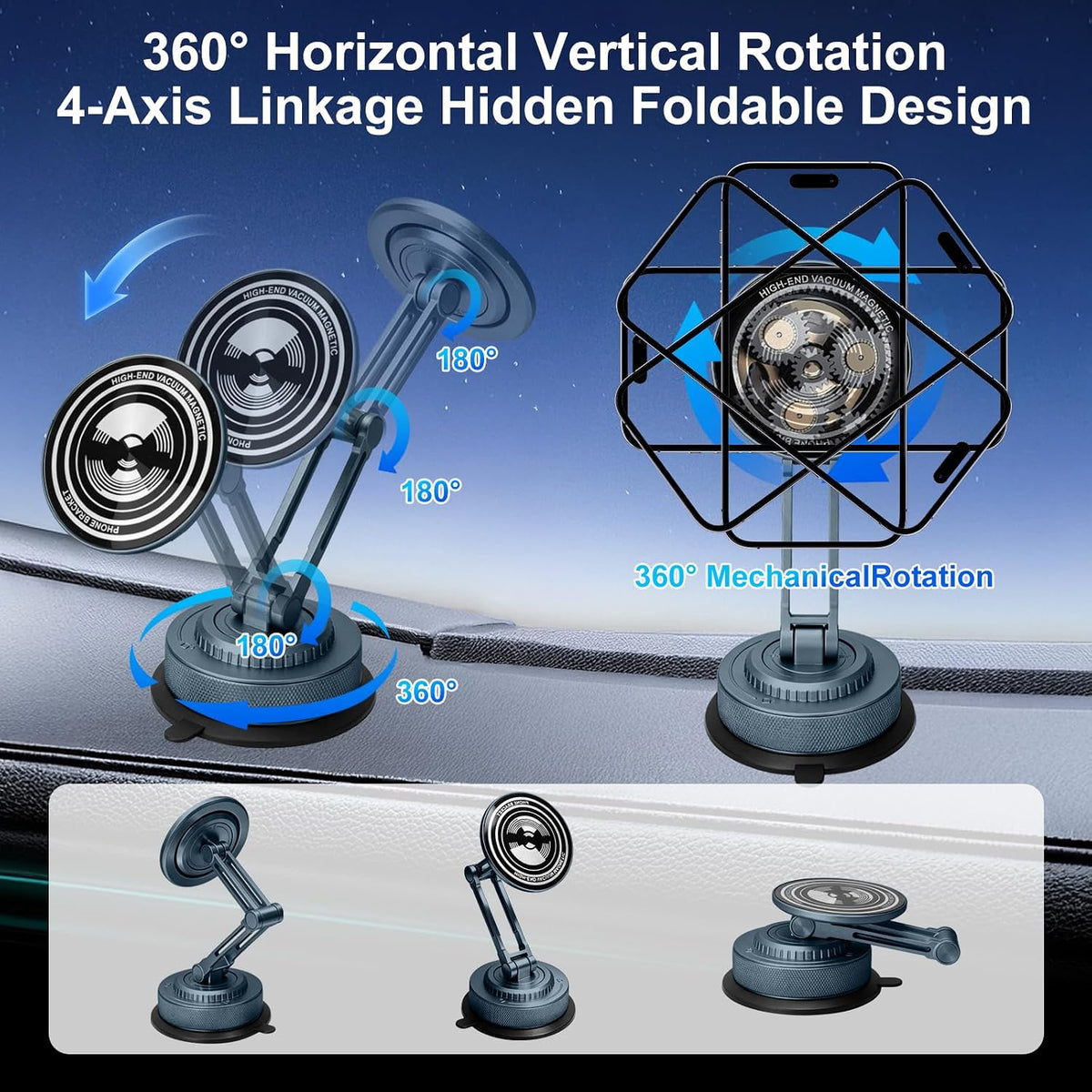 PIEPIE All-Metal Alloy Long Arm Magnetic Suction Cup Car Phone Mount Holder