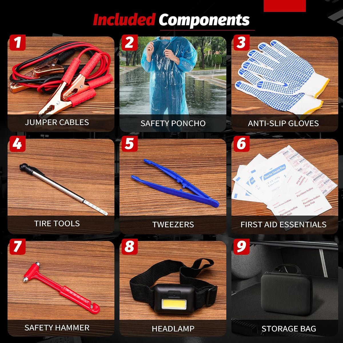 Car Emergency Kit with Jumper Cables, Gloves, Rainwear, Tire Gauge and Headlamp, Roadside Safety Kit for Vehicles with Reflective Vest and Safety Accessories