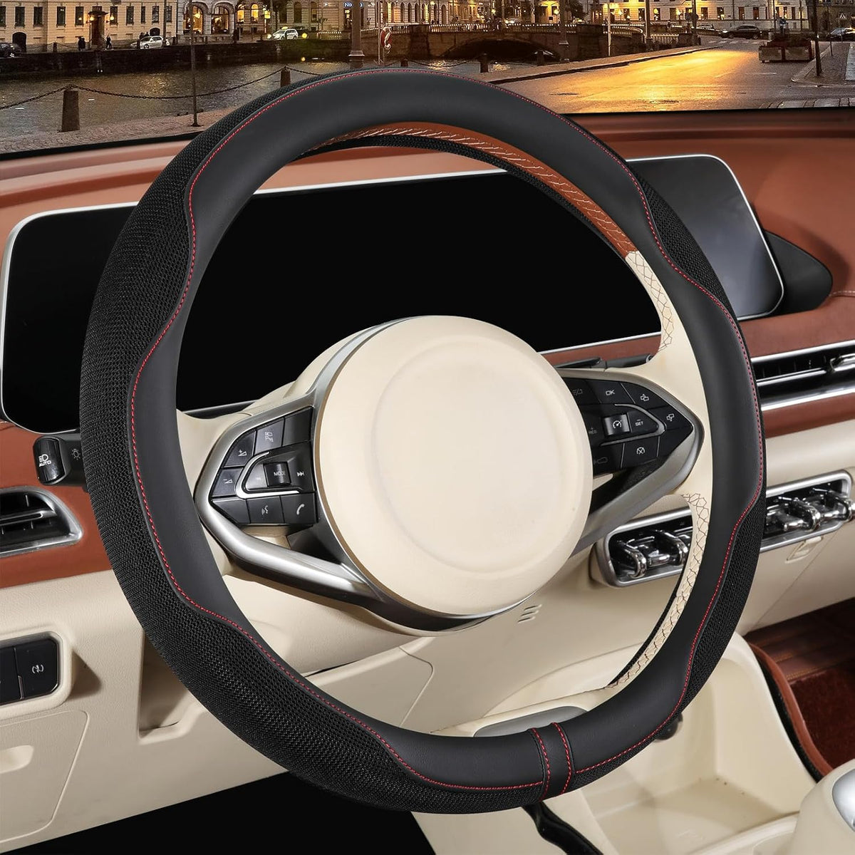 Nappa Leather Ice Silk Fabric Blue Steering Wheel Cover