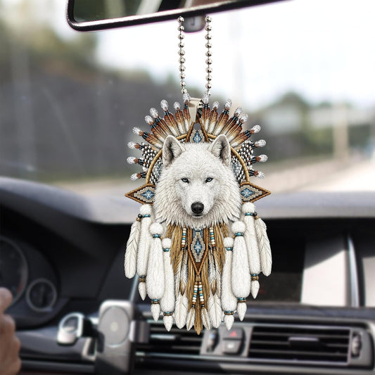 Talataca Native American Indigenous Us Indian Dreamcatcher White Wolf 2D Flat Car Rear View Mirror Accessories Christmas Tree Ornament Decoration Hanging Charm Interior Rearview Pendant Decor Gift
