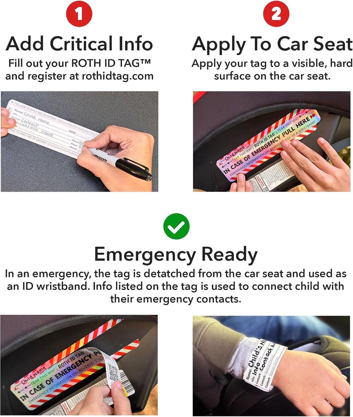 Emergency Contact Identification System for Car Seats, Booster Seats, Baby Gear | Family ROTH ID TAG Kit (6 Tags)