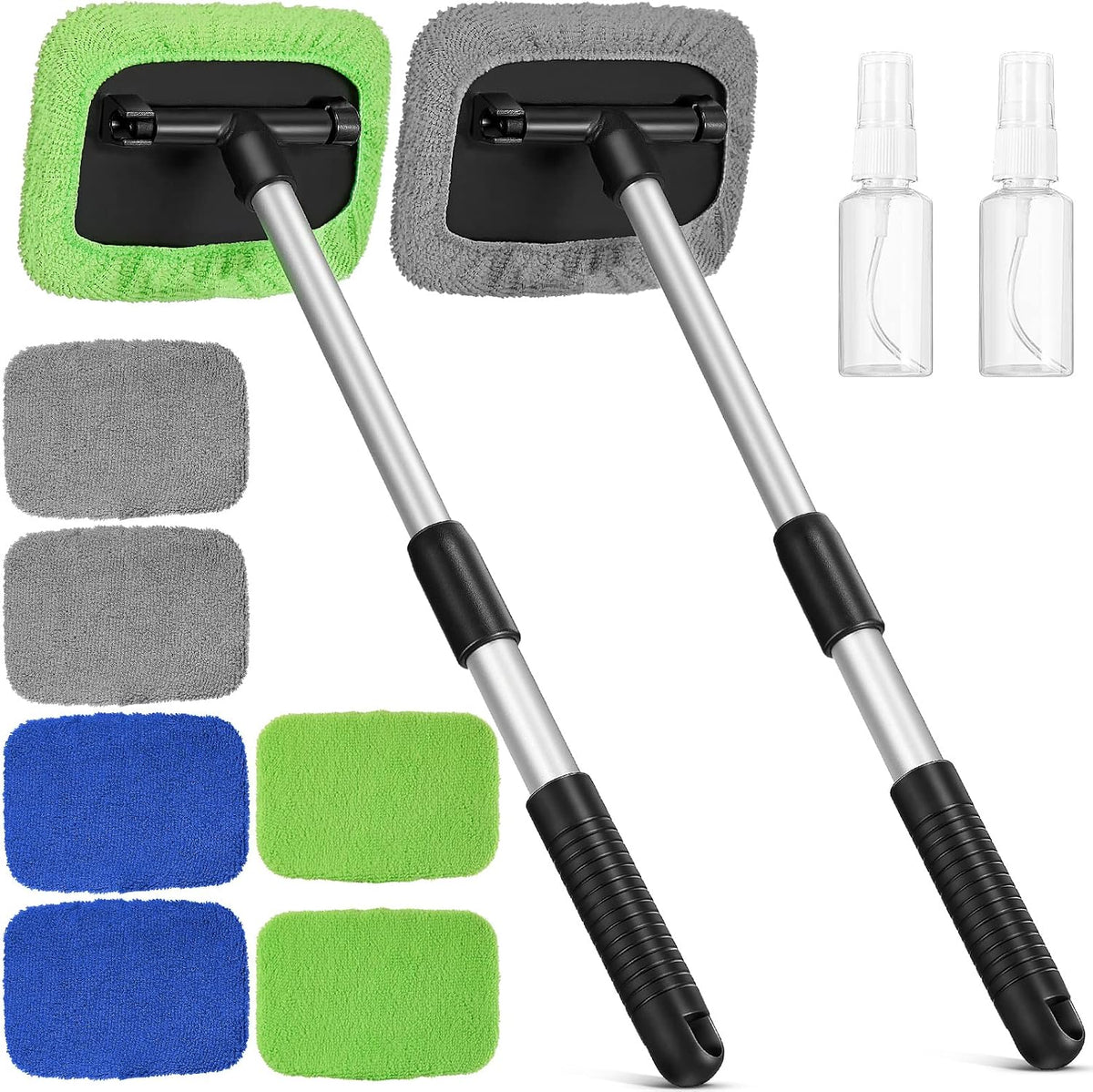 Tallew 2 Sets Windshield Cleaner Tool Car Window Cleaning Wash Kit with Detachable Handle 6 Microfiber Pads and 2 Spray Bottles Inside Windshield Cleaner Tool for Auto Glass Cleaning