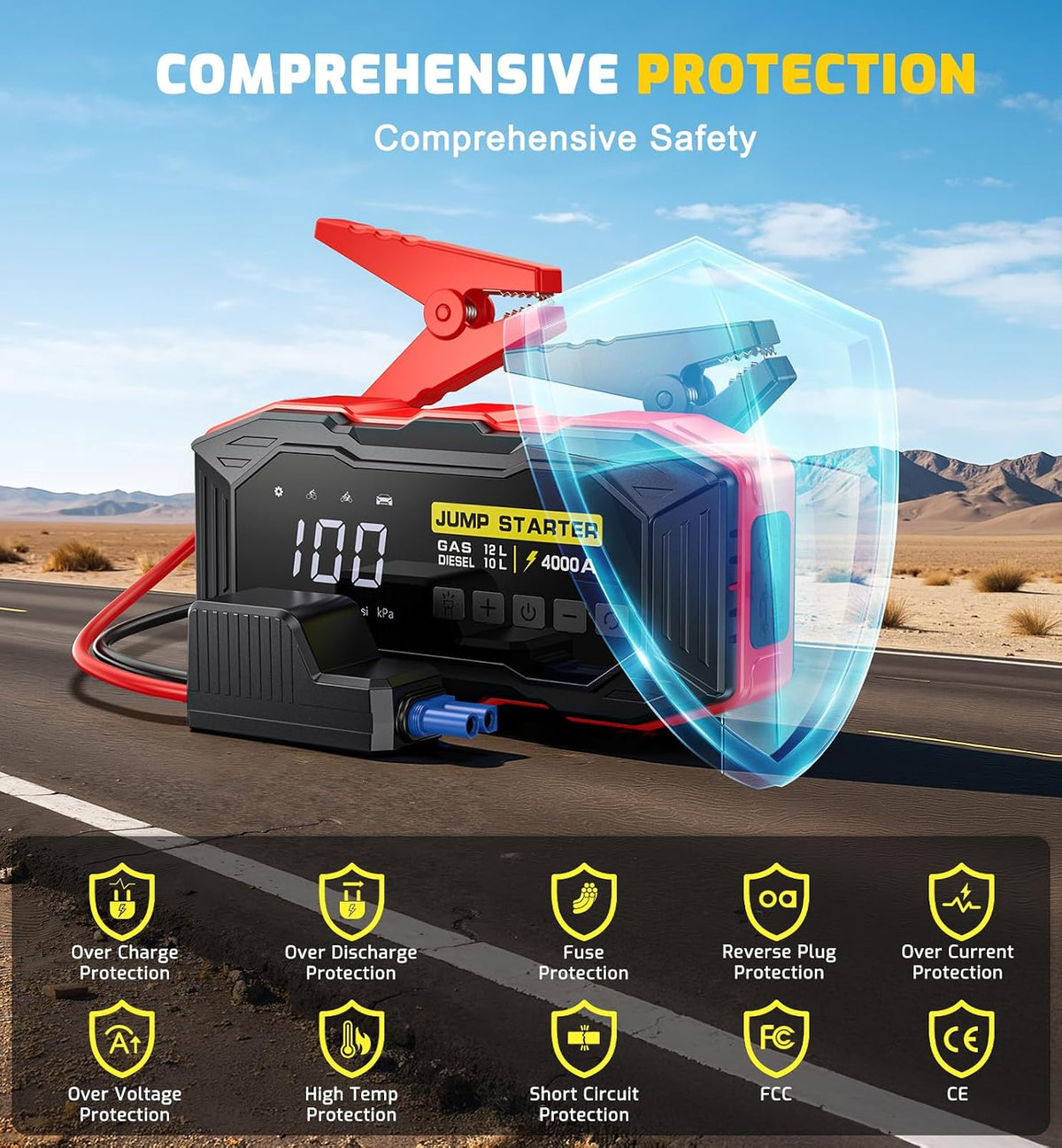 Jump Starter with Air Compressor 4000A Portable Car Battery Jump Starter (All Gas/10L Diesel), 160PSI Auto-Shutoff Tire Inflator Air Compressor, SuperSafe 12V Jump Box Car Battery Jumper Booster