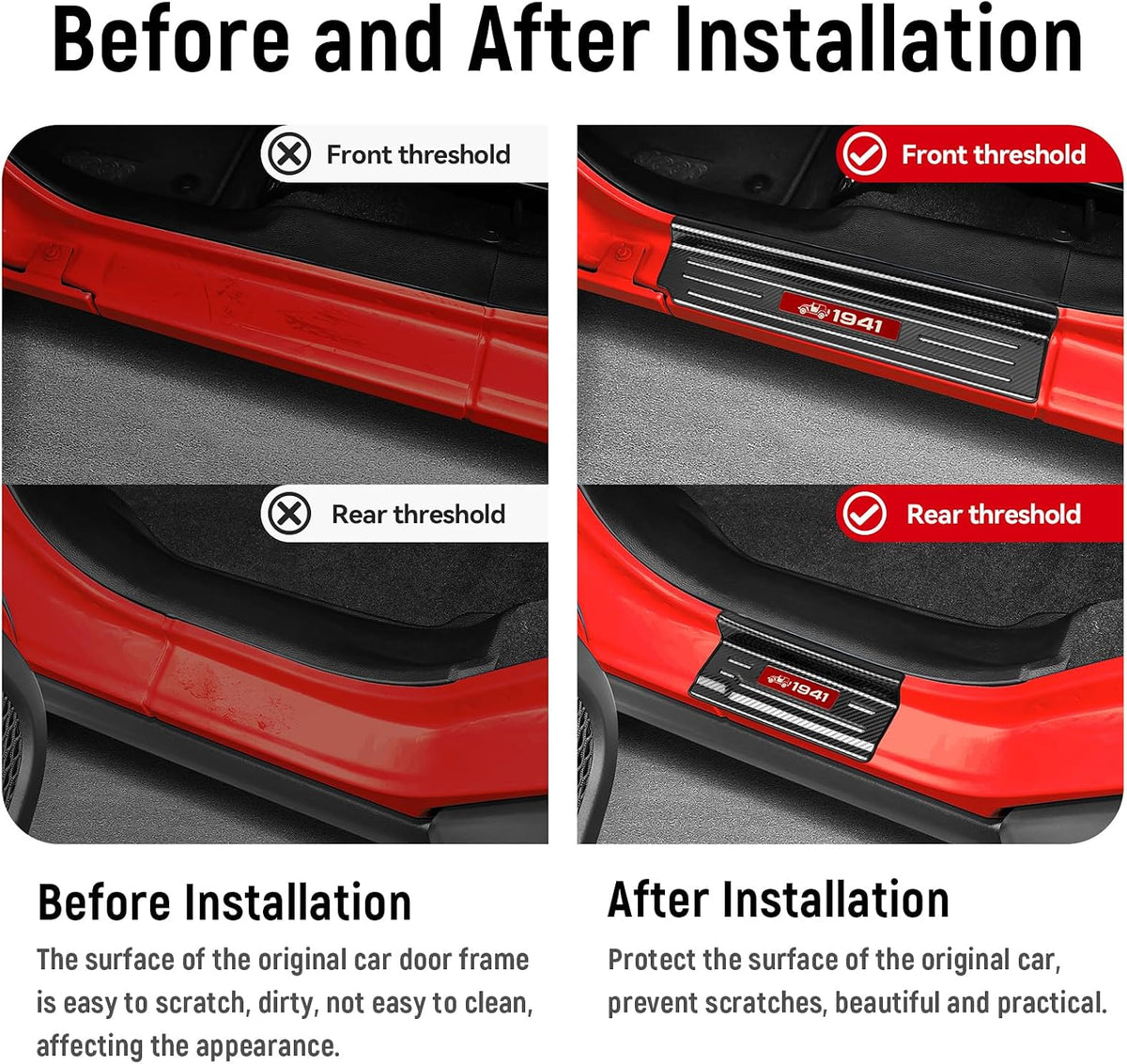 4PCS Door Sill Guards for Jeep 2018-2026 Wrangler JL JLU & 2020-2026 Gladiator JT Accessories Stainless Steel Material Red Trim Door Sill Protector Carbon Fiber Front Rear Door Entry Guard