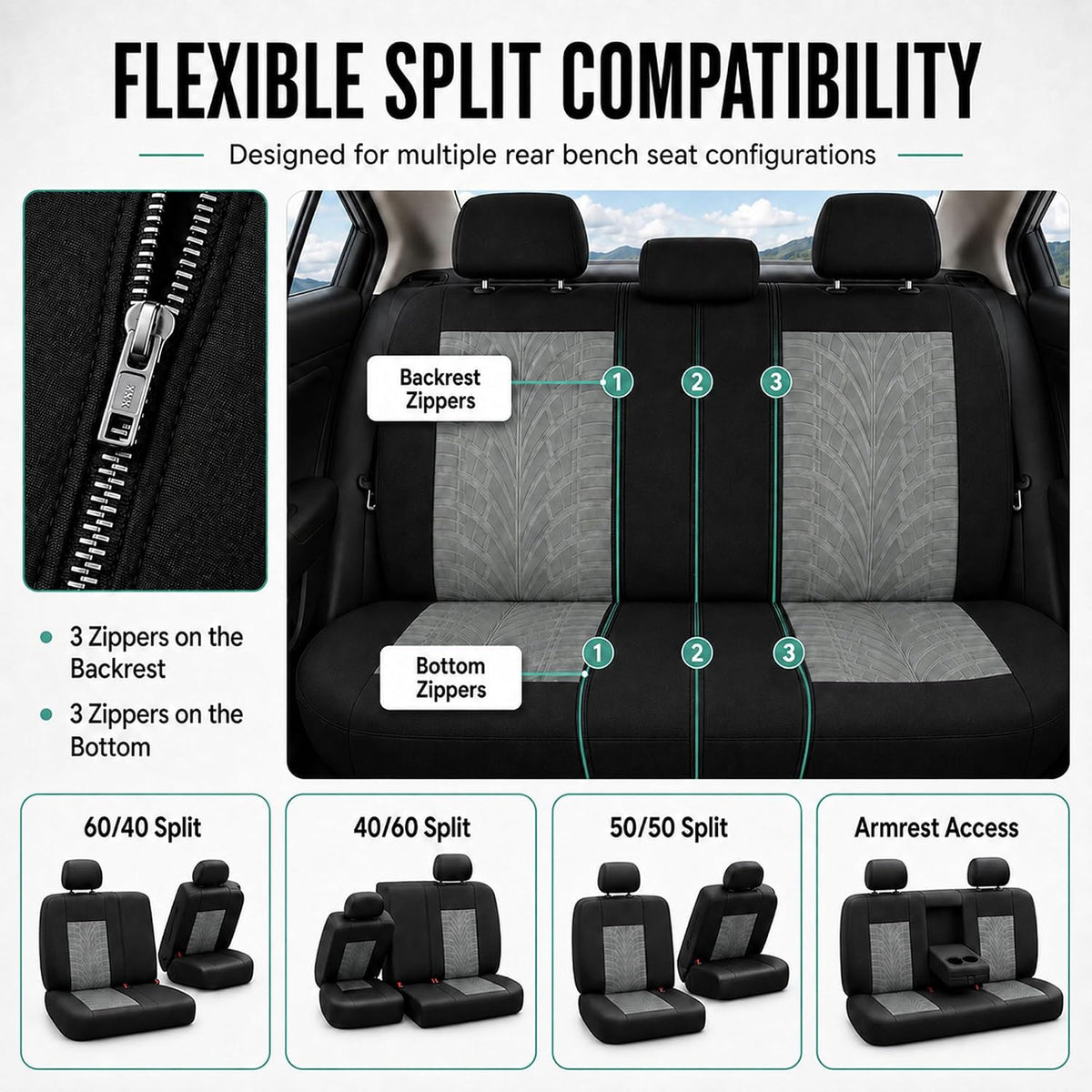 FH Group Full Set Travel Master Car Seat Covers, Airbag and Split Rear Car Seat Cover Universal Fit Interior Accessories for Cars Trucks SUV, Automotive Seat Covers, Gray