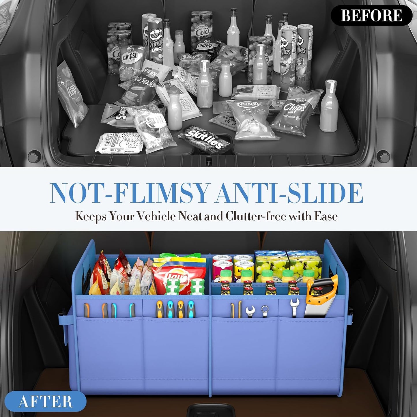 titiyiof Trunk Organizer For Suv & Sedan,Car Organizers and Storage, Waterproof Collapsible & Adjustable Straps,70L Sturdy Car Organization for Car Accessories, Tools,Sundries,2-3Compartment（Blue