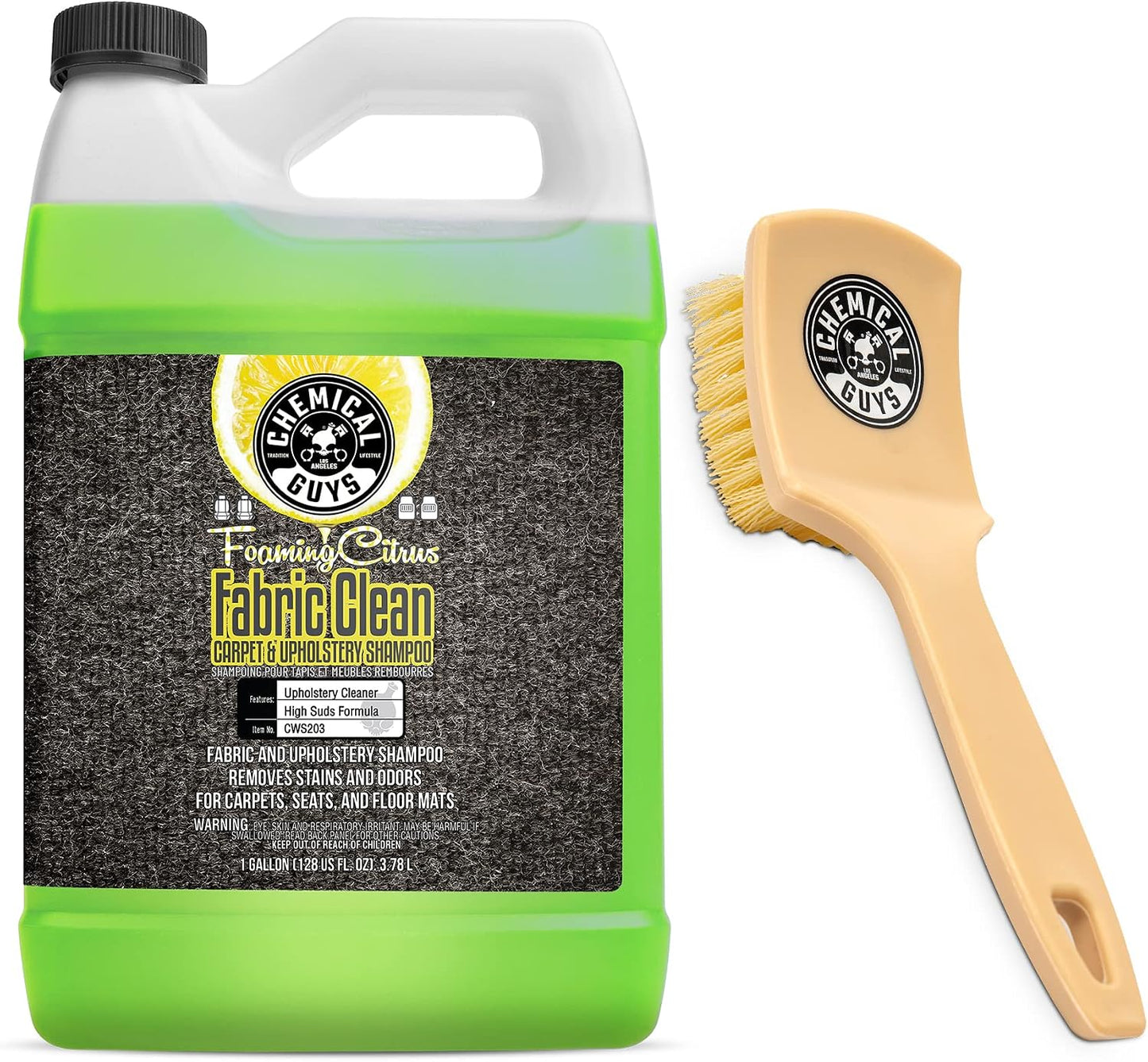 Chemical Guys CWS203 Foaming Citrus Fabric Clean Carpet & Upholstery Cleaner (Works on Car Carpets, Seats, Floor Mats & More), 128 fl oz (1 Gal) + ACCG25 Induro 7 Heavy Duty Brush (2 Items)