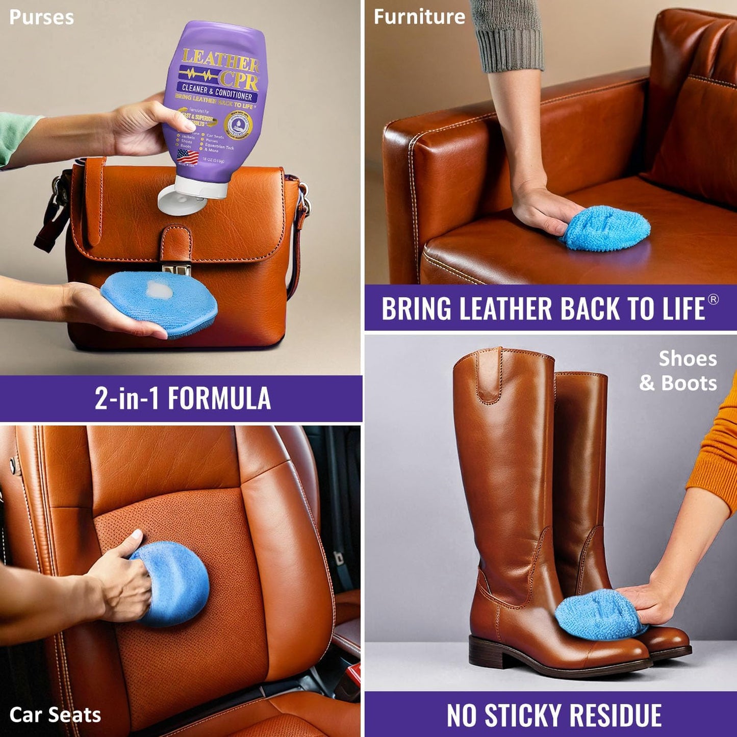 Leather CPR Cleaner and Conditioner 18oz. Bring Leather Back To Life on Furniture, Car Seats, Handbags, Jackets, Boots, Saddles, Purses &amp; Shoes. Restores Shine, Softness &amp; Color to Real Leather