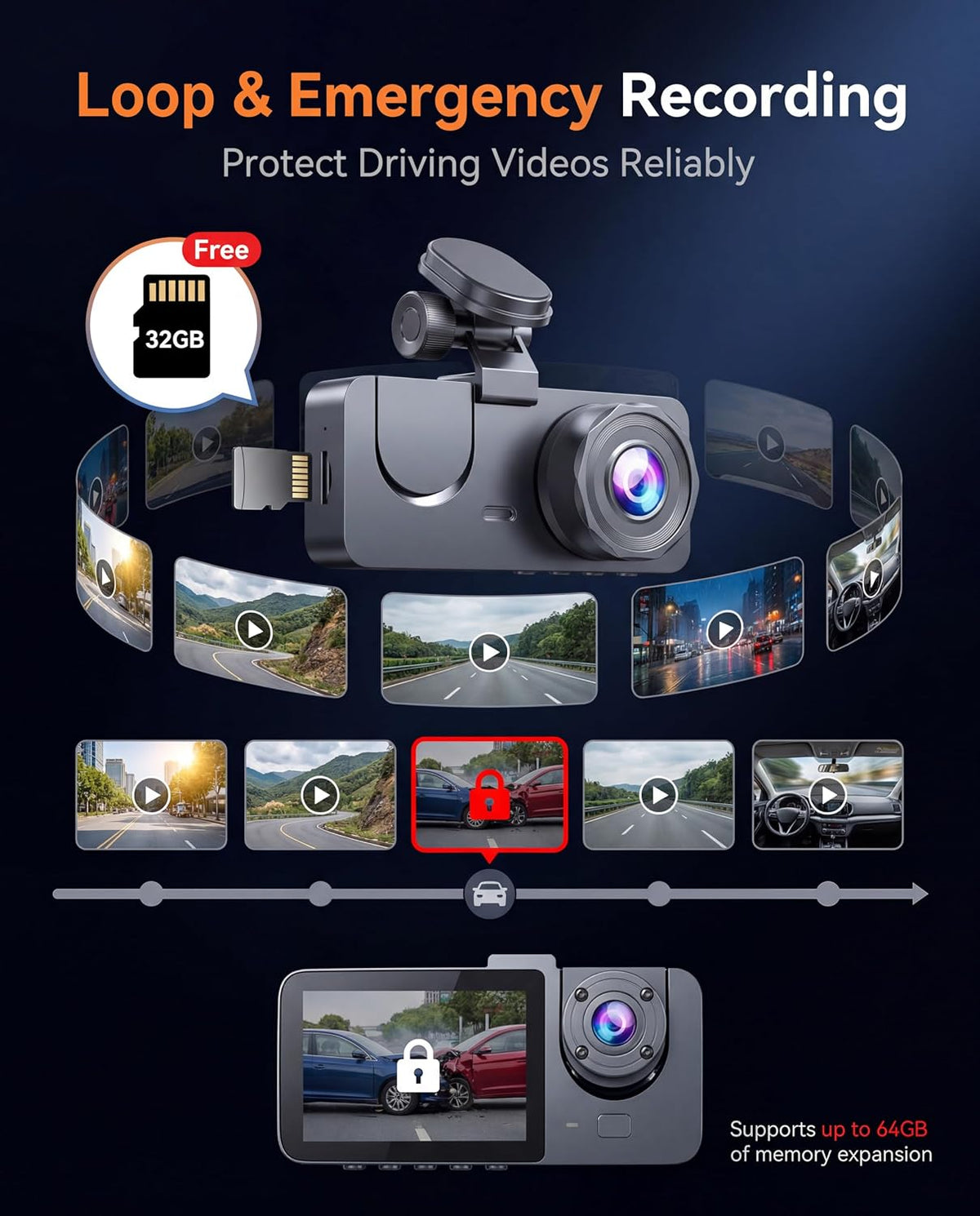 Dash Cam Front and Rear Inside, 4K Full HD 3 Channel Dash Camera for Car