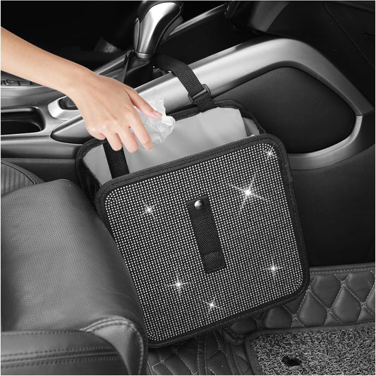 Bling Car Trash Can with Rhinestone,Foldable Car Garbage Can for in-Vehicle Waste Disposal,Multipurpose Hanging Back Seat Organizer & Decorations Fit for Most Cars Trucks